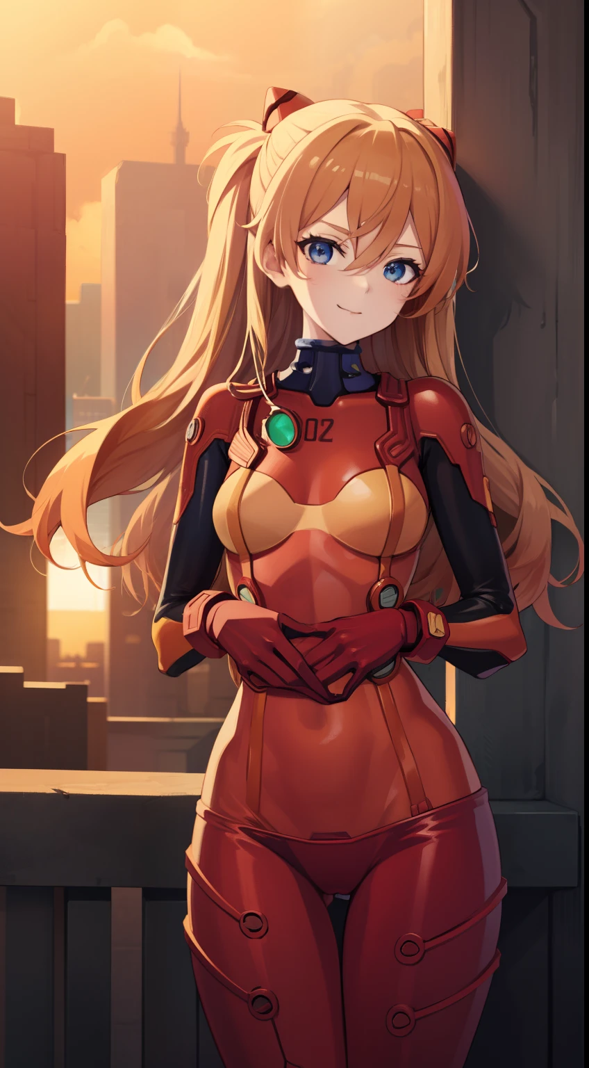 asukalangley, Asuka Langley Soryu, hair between eye,  Orange hair, Long sleeves, plugsuit, Red bodysuit, BREAK outdoors, city, looking at the viewers, (masutepiece:1.2), Best Quality, High resolution, Unity 8k壁纸, (Illustration:0.8), (Beautiful detailed eyes), extra detailed face, Perfect Lighting, extremely details CG, (Perfect hands, Perfect Anatomy),A smile