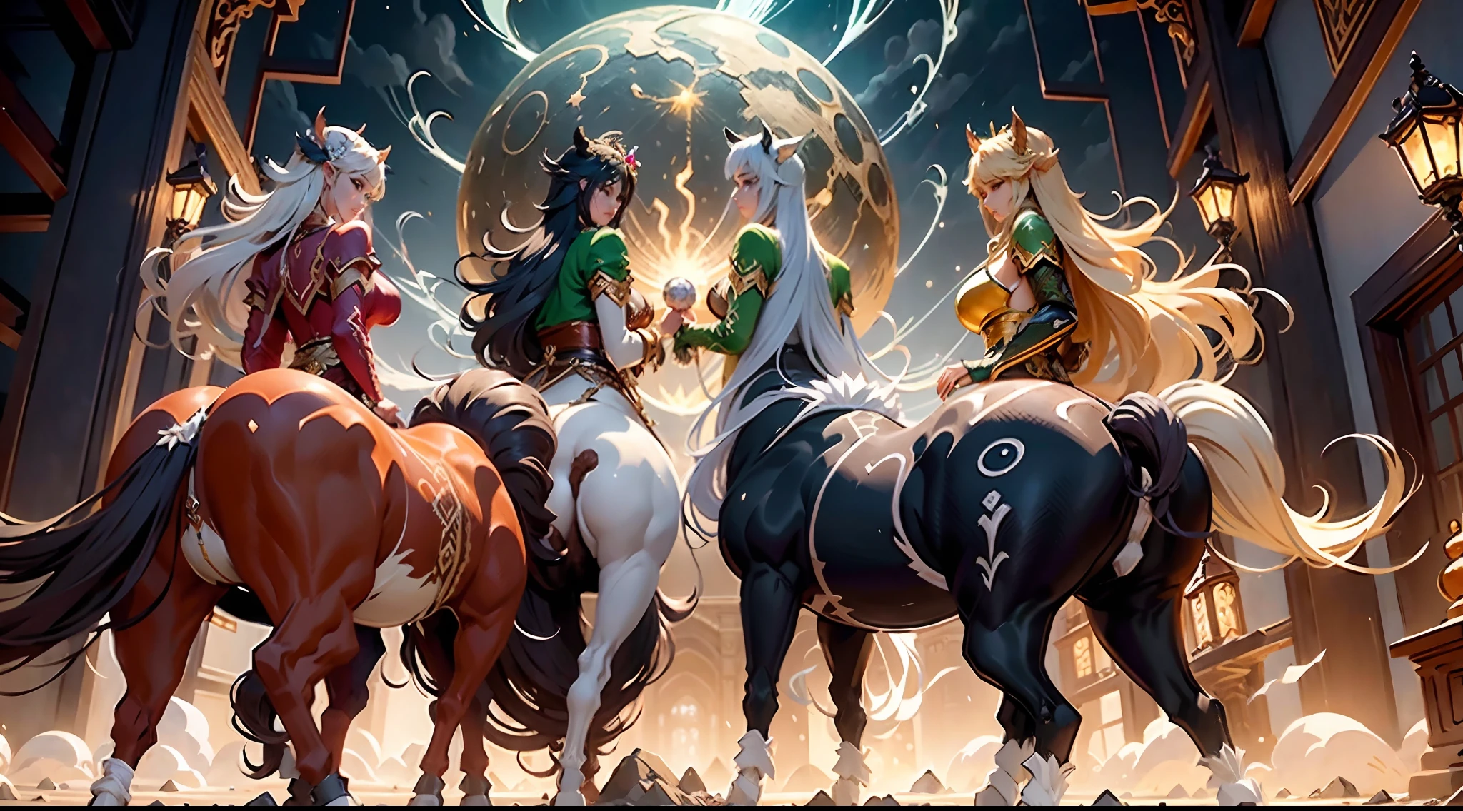 In the beautiful illustration of this super-grand scene,The ultra-long-range lens is shown(Eight unique centaur characters:9.9),They all have their own characteristics,Vivid and interesting。Radiant angelic centaurs from the heavenly realm,To the hellish centaurs surrounded by nightmarish flames,And then to the Wind Immortal Centaur dancing in the air,There are also one-horned centaurs surrounded by thunder and lightning,and mechanical centaurs that shine with metallic light,And then to the powerful dragon centaur with colored dragon scales covering the whole body,The elegant and agile elf centaur always wears a flower crown with its slender and graceful lines,Enchanting and charming Tiflin centaurs。Each character has their own unique charms and abilities。The illustration uses advanced artistic techniques and tools,(Divide the scene into sections by geometric arrangement:9.9),Each section corresponds to a centaur character,This makes more efficient use of space。Through Midjourney's advanced brush tools、Color palette、Material packs and model packs,Exquisite costumes and equipment are designed for each centaur,Enhances the character's personality and visual appeal。The scenery in the illustrations is stunning,There are changing skies、rainbowing、extreme light、Stars and Moon。Incorporating iconic landmarks such as Mount Everest,and fireworks、tranquil lake、Natural and urban elements of waves and neon lights,Creates a magical atmosphere。The centaurs showed off their skills and equipment in a variety of environments,This is true even in extreme alien landscapes。(Use Midjourney's tools、Material packs、Texture tools、The color palette makes depicting details vivid and realistic:9.9),From intricate hairstyles and clothing to authentic textures,Enhances the realism of the characters and surroundings。The fusion of multiple art styles adds movement to the centaur's movement at all angles,The overall visual experience is further enriched。The final illustration was described as a "mast