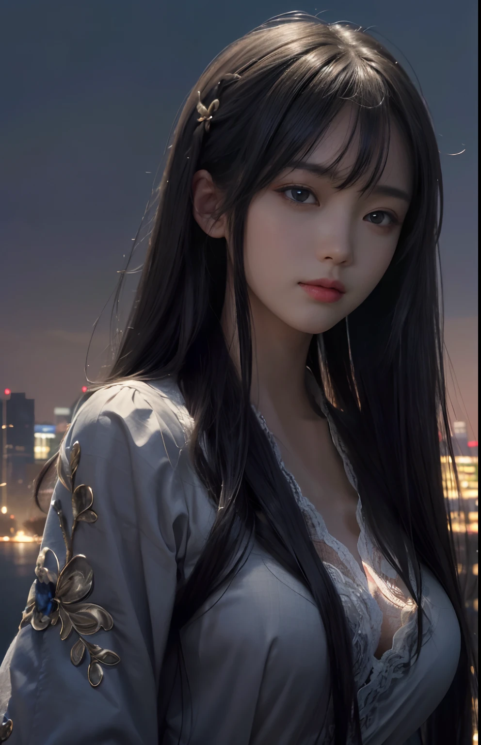 (Hyper-realistic) , (illustratio), (Increase the resolution), (8K), (extremely detaile), (Most Best Illustration), (美丽细致的眼睛), (best qualtiy), (ultra - detailed), (tmasterpiece), ( wallpaper), (详细的脸), 独奏,1个Giant Breast Girl, looking at viewert, exquisite detailing, 详细的脸, in the darkness nigth, deep shading, low tune,pureerosfaceace_v1, ssmile,long whitr hair,Black shawl straight hair,46 points oblique bangs front face