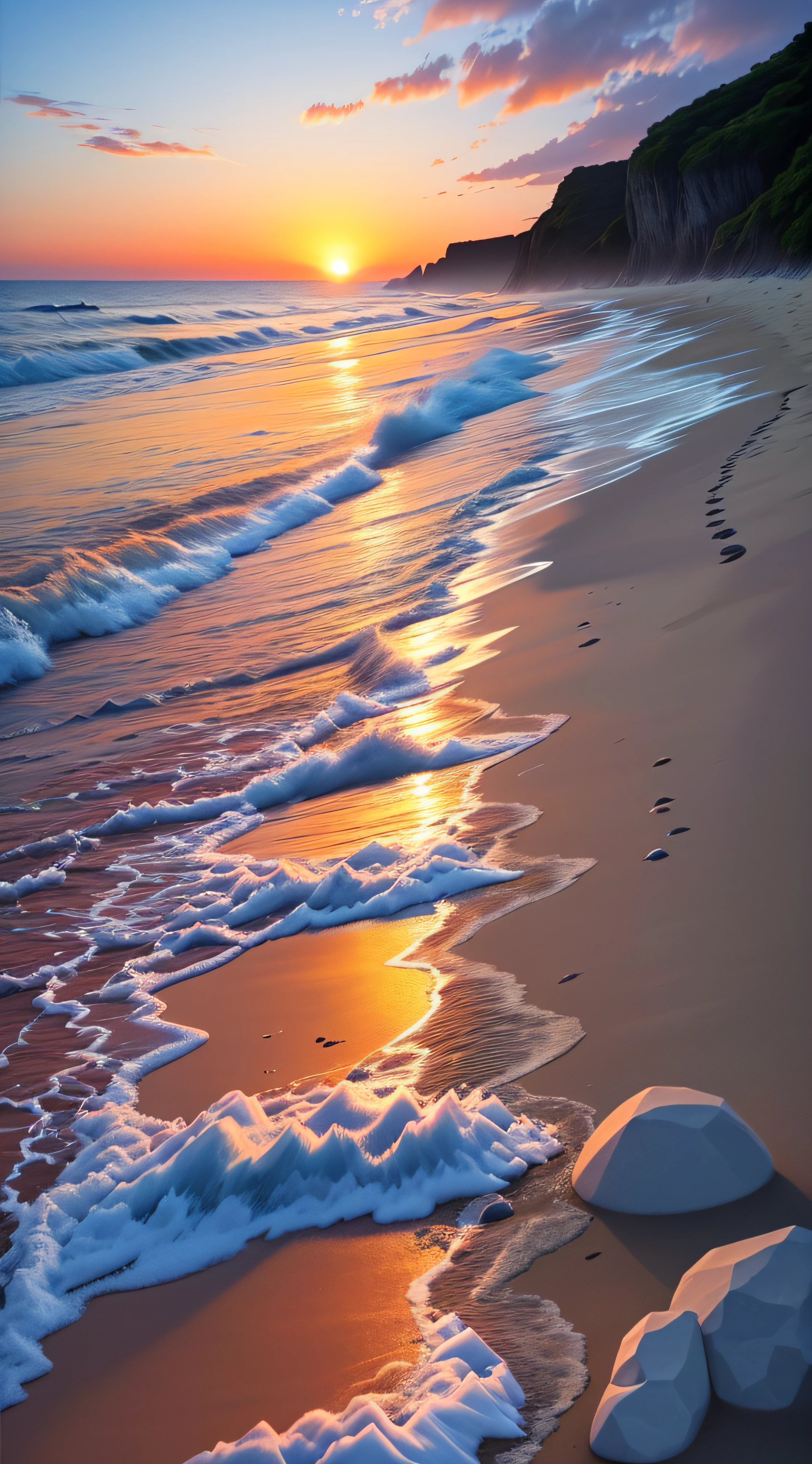Image of sunset on the beach, with paths of bright stones various colors. crystal clear and bright seawater (best quality)