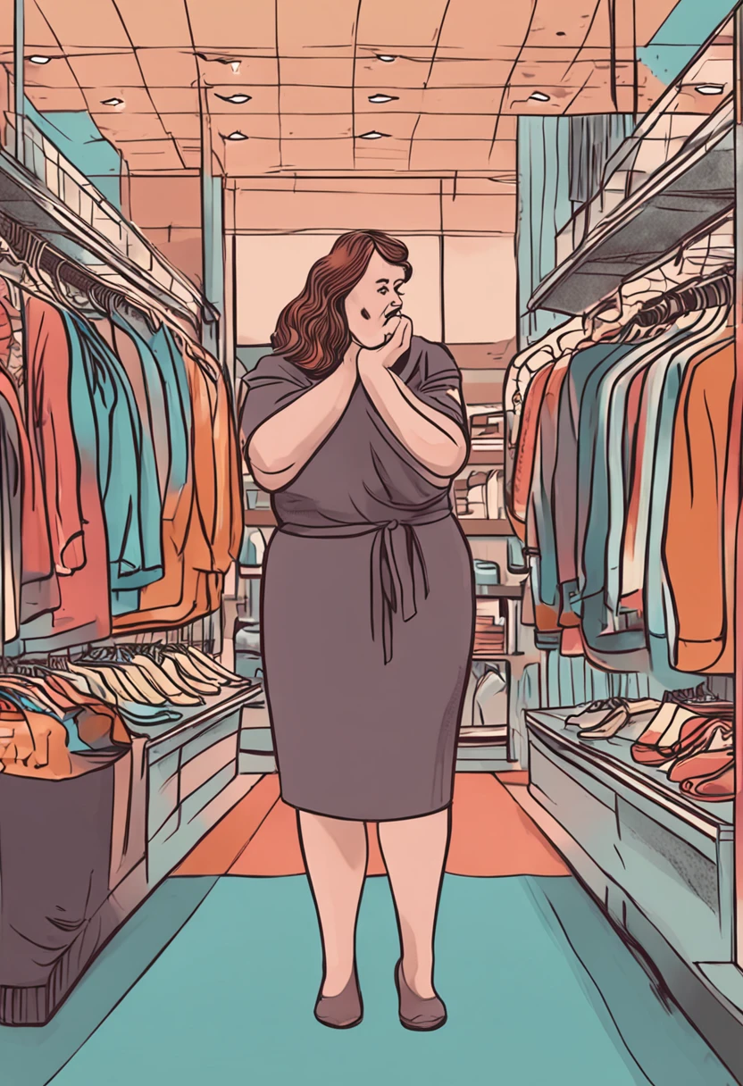 "Create images that capture reality: A 40-year-old woman, With obesity, Sad to try on clothes in a department store."