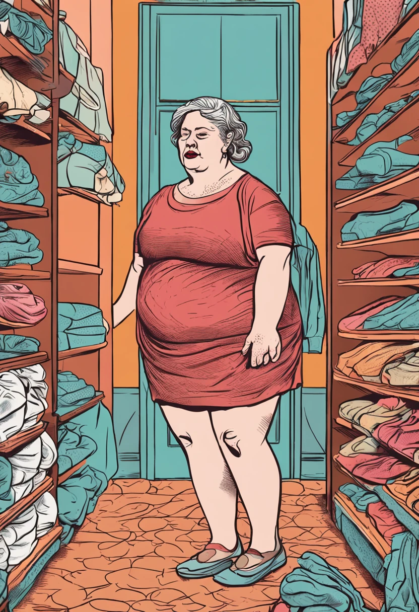"Create images that capture reality: A 40-year-old woman, With obesity, Sad to try on clothes in a department store."