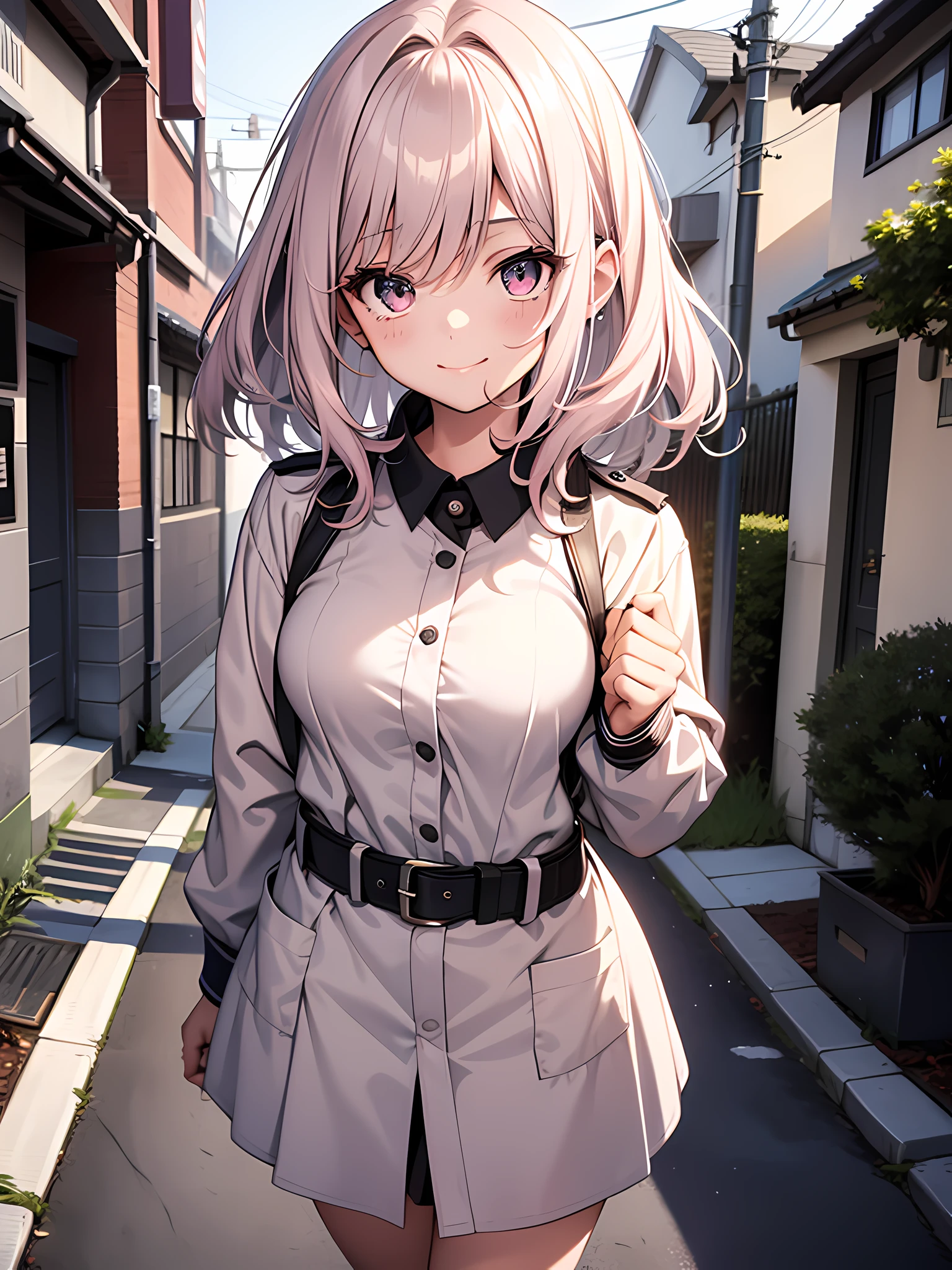 1 teenager girl who is smiling and she is shy, she also has a flat chest, with beautiful light pink eyes with long eyelashes, she has light medium hair, standing straight with good composure, she is wearing highschool uniform, she's in the neighborhood, high res, ultrasharp, 8k, masterpiece, looking at viewer