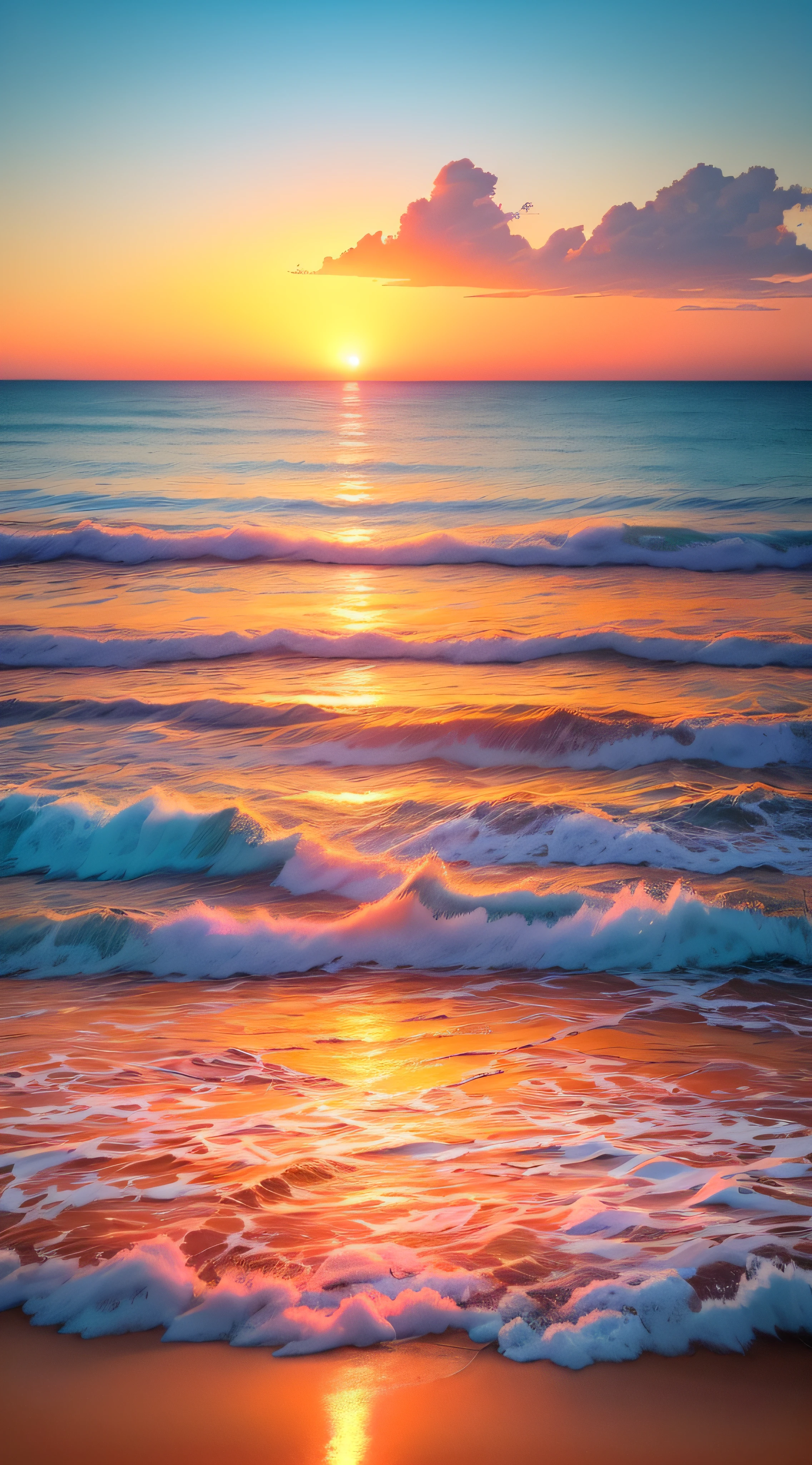 An absolutely mesmerizing sunset over the beach, with a mix of orange, pink and yellow filling the blue sky. The crystal clear waters of the sea gently touching the coast, white sand coast, with palm trees stretching everywhere, seagulls to the sky, The scene is dynamic and breathtaking. Soak up the soothing atmosphere and let the tranquility and all this abundance take care of you.