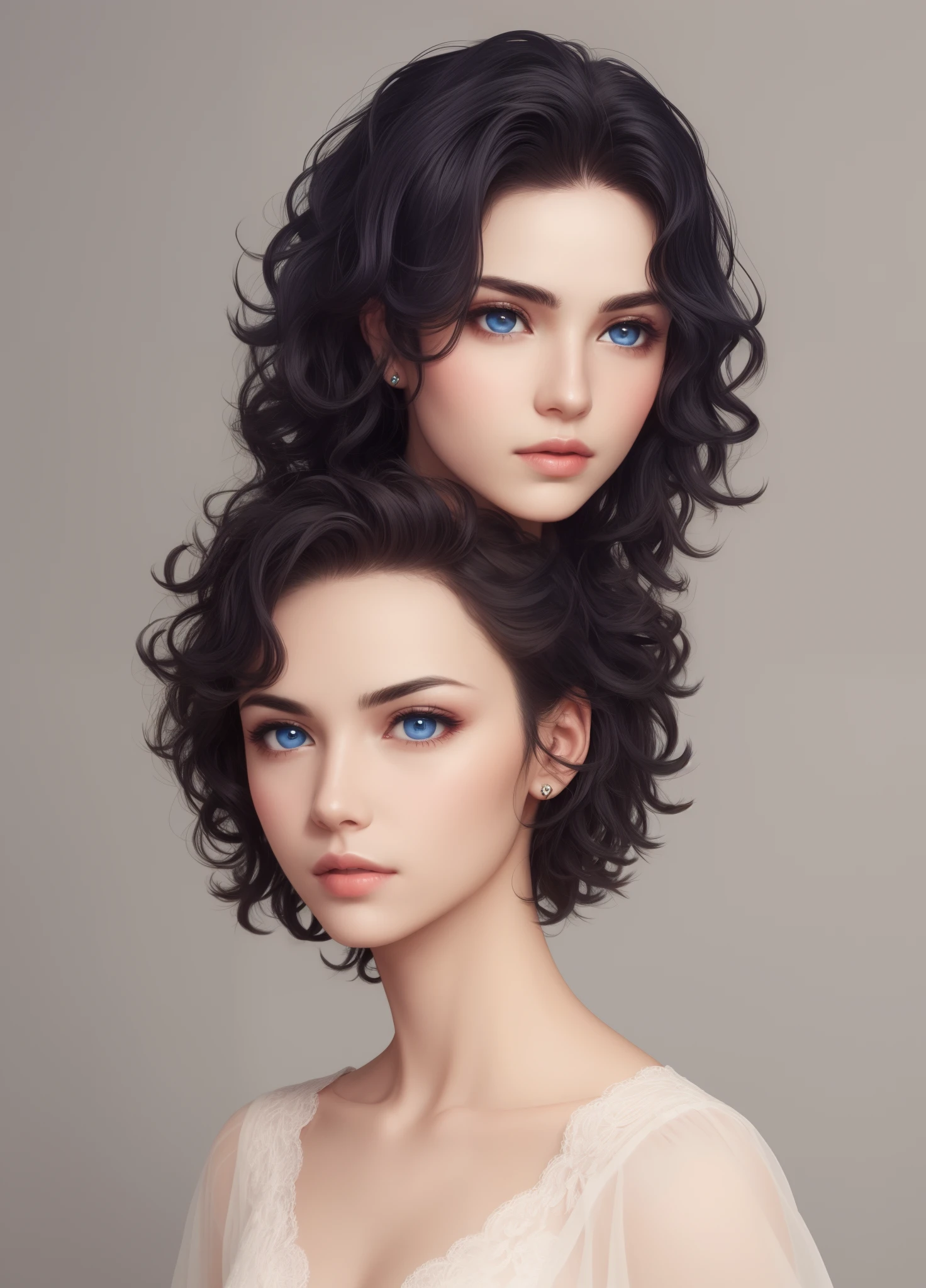 Androgynous woman, short, curly hair, shaved side, blue eyes, dark hair, Indian or Asian