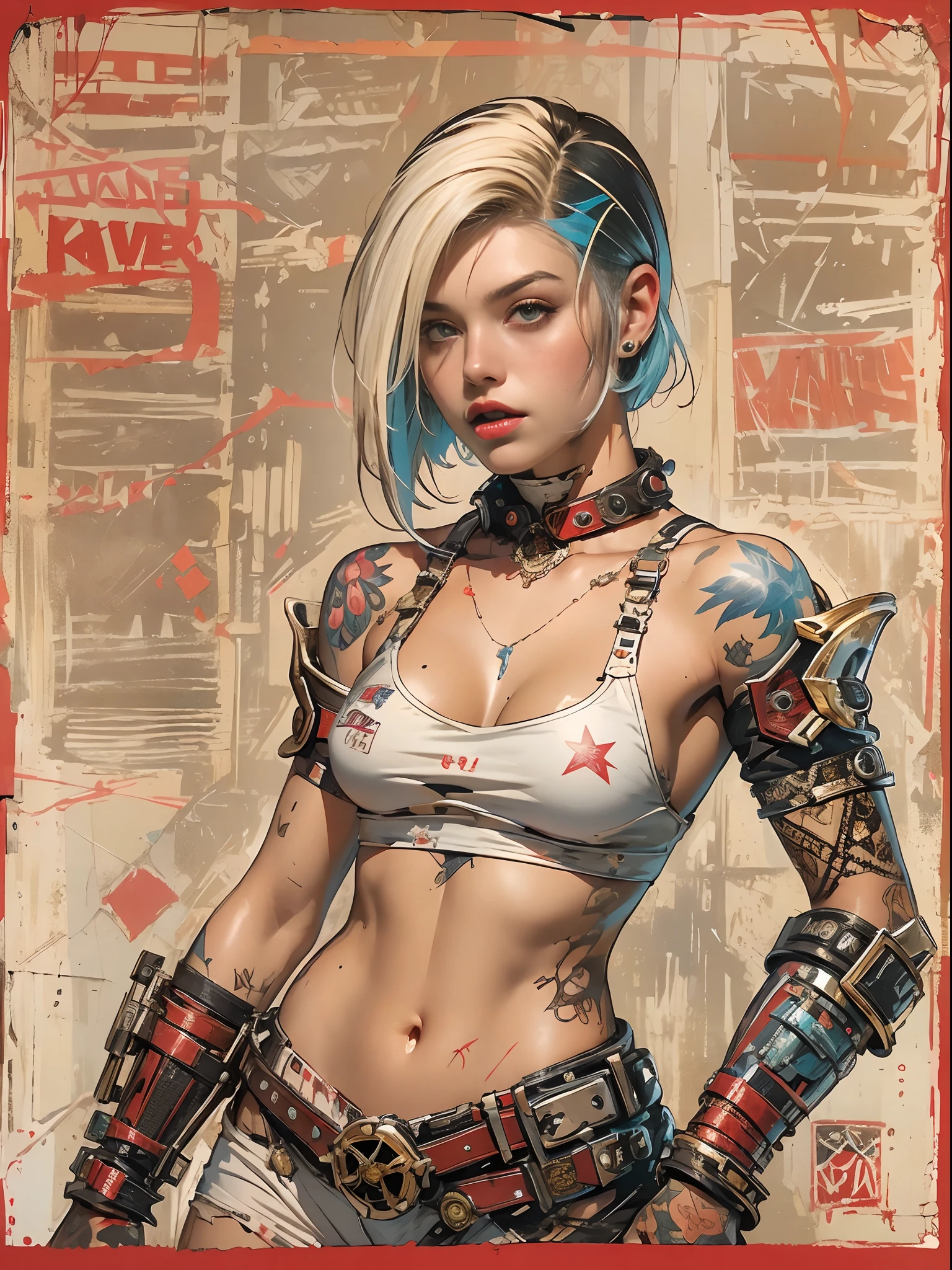 ((top-quality、8K、32K、​masterpiece、nffsw:1.3)), (superfine illustration)、(超A high resolution), (((Adults))), (((1girl in))), ((( bob's haircut ))), 25-year-old cyberpunk gladiator with a perfect body, Shoulder pads with metal spines, Gladiadores in Brooklyn, (( bob's haircut )), Small leather panties, Torn rugby team shirt, Almost naked in Simon Bisley's urban savage style, short blond hair, Minimum clothing, Metal protection on the left arm with complex graphics, Dark red with white stars and blue and white stripes, s Armor, Full of tips and rivets, Poison tattoo (((Image from the knee up))), short white blonde hair,  There is a wall with an intricate design painted by Shepard Fairey