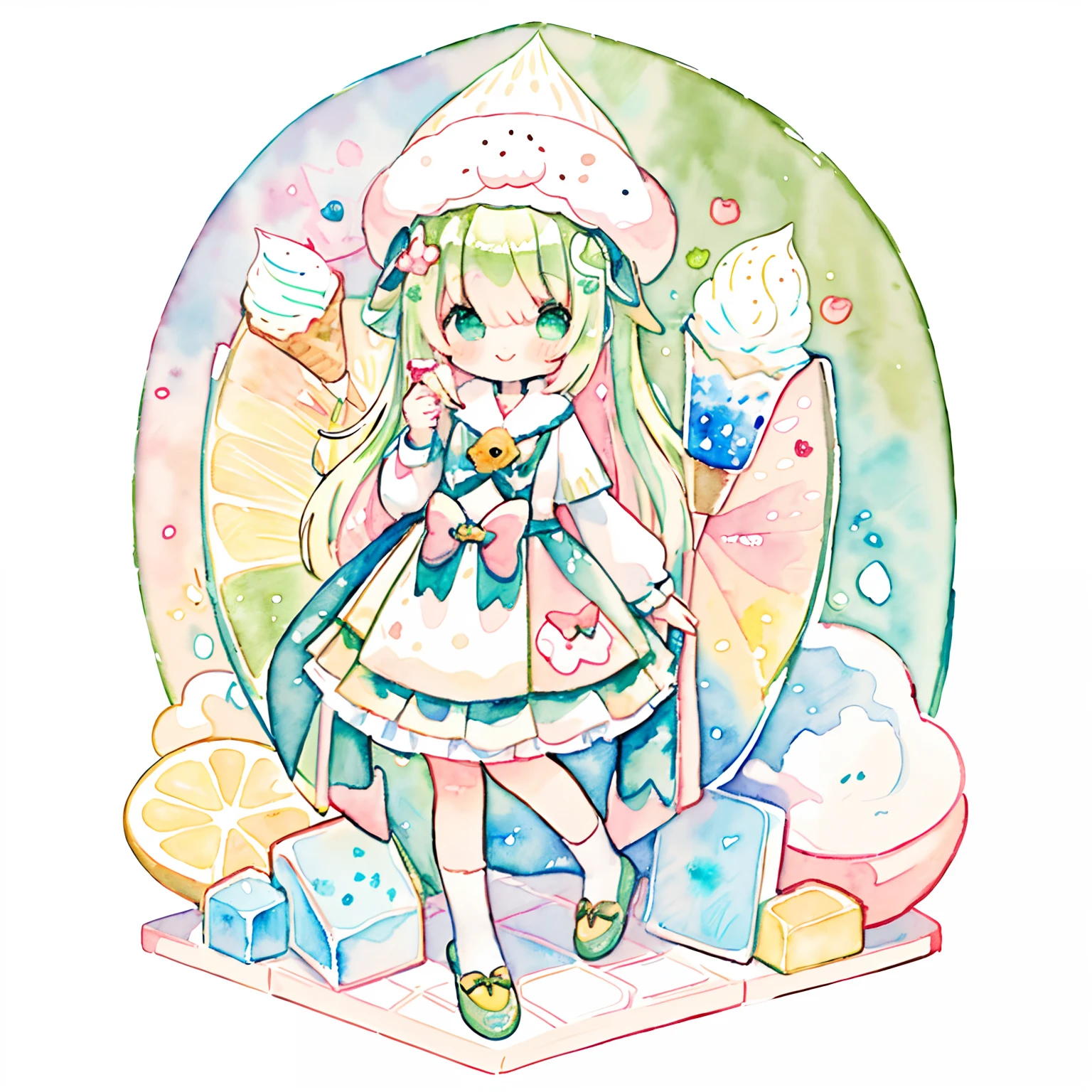 (PastelColors:1.5)、(Cute illustration:1.5)、(watercolor paiting:1.2)、Yellow-green background、girl with、full body Esbian、A smile、Stranger、Pale yellow-green throughout、Moya、marble、colourfull、cream soda、Ice cream、white bear、fluffly