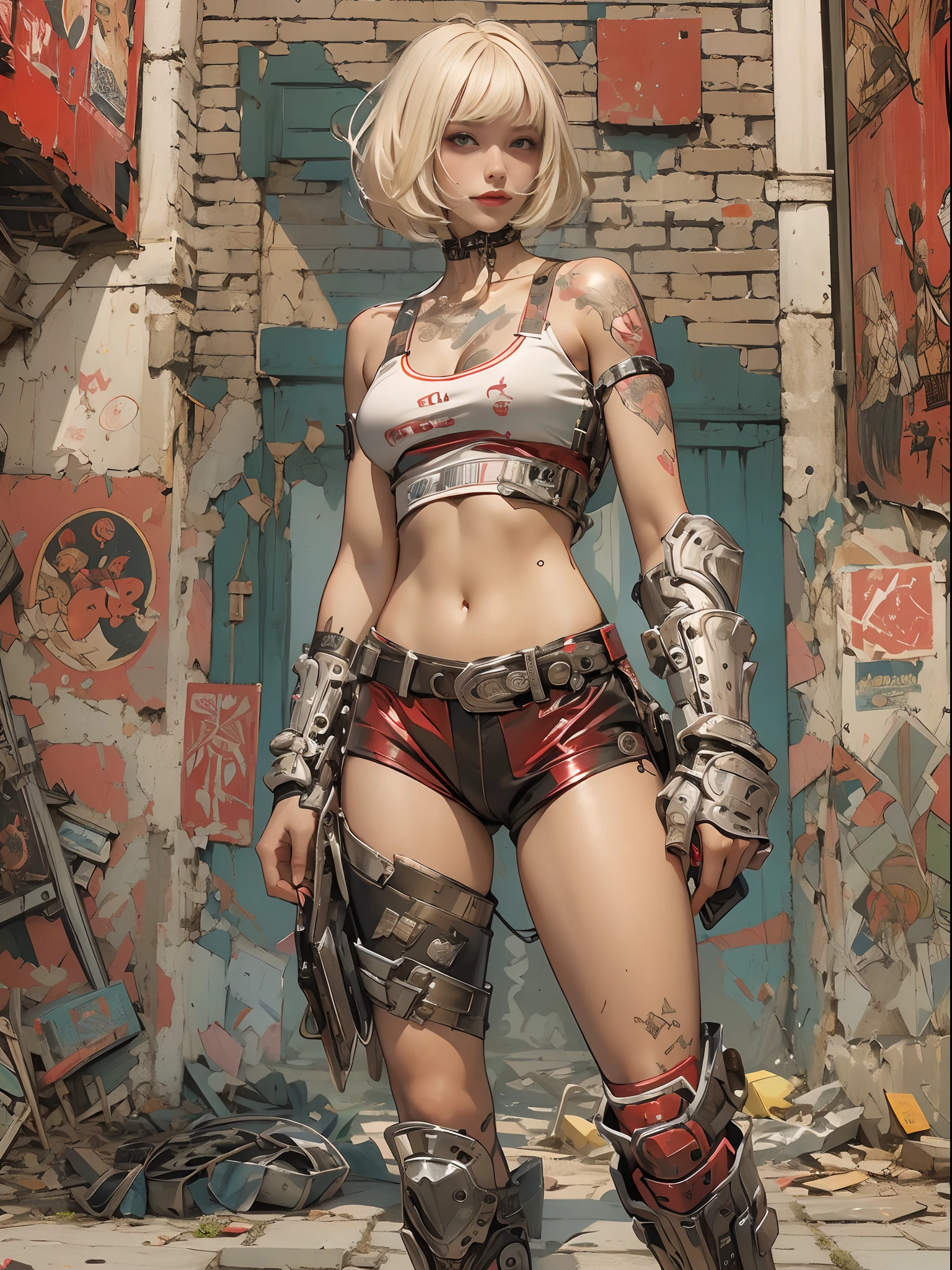 ((top-quality、8K、32K、​masterpiece、nffsw:1.3)), (superfine illustration)、(超A high resolution), (((Adults))), (((1girl in))), ((( bob's haircut ))), 25-year-old cyberpunk gladiator with a perfect body, Shoulder pads with metal spines, Gladiadores in Brooklyn, (( Bob short hair )), Small leather panties, Torn rugby team shirt, Almost naked in Simon Bisley's urban savage style, short blond hair, Minimum clothing, Metal protection on the left arm with complex graphics, Dark red with white stars and blue and white stripes, s Armor, Full of tips and rivets, Poison tattoo (((From the knee up))), short white blonde hair, In the background、 There is a wall with an intricate design painted by Shepard Fairey