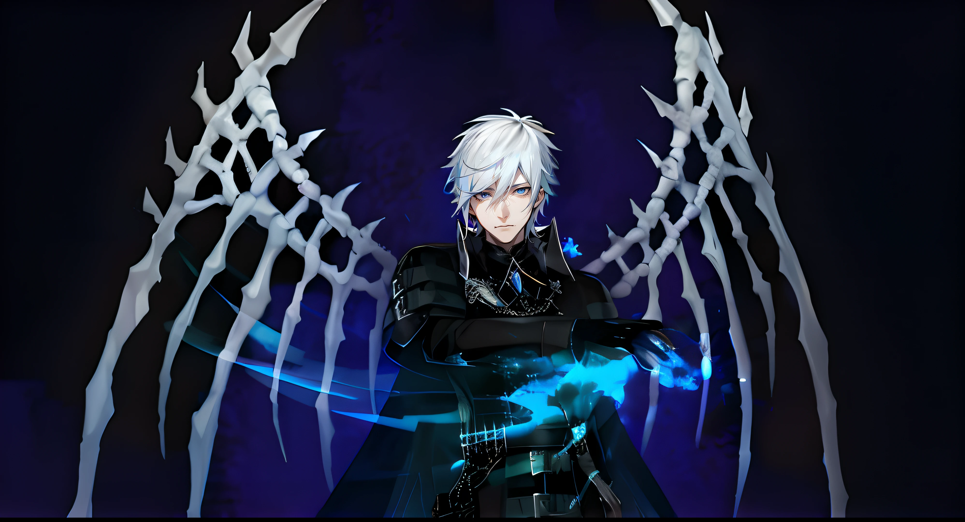 young man ,Male Dark, dark Woods, cold purple colors, man white hair with blue eye, Warlock dnd , Skeleton army in background
