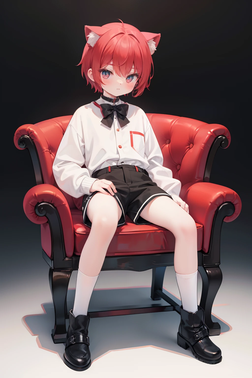Full body front photography A boy sitting on a chair with his hands on a small table, red short hair, red cat ears, white long sleeves, stand collar, black shorts, black socks, white snow boots