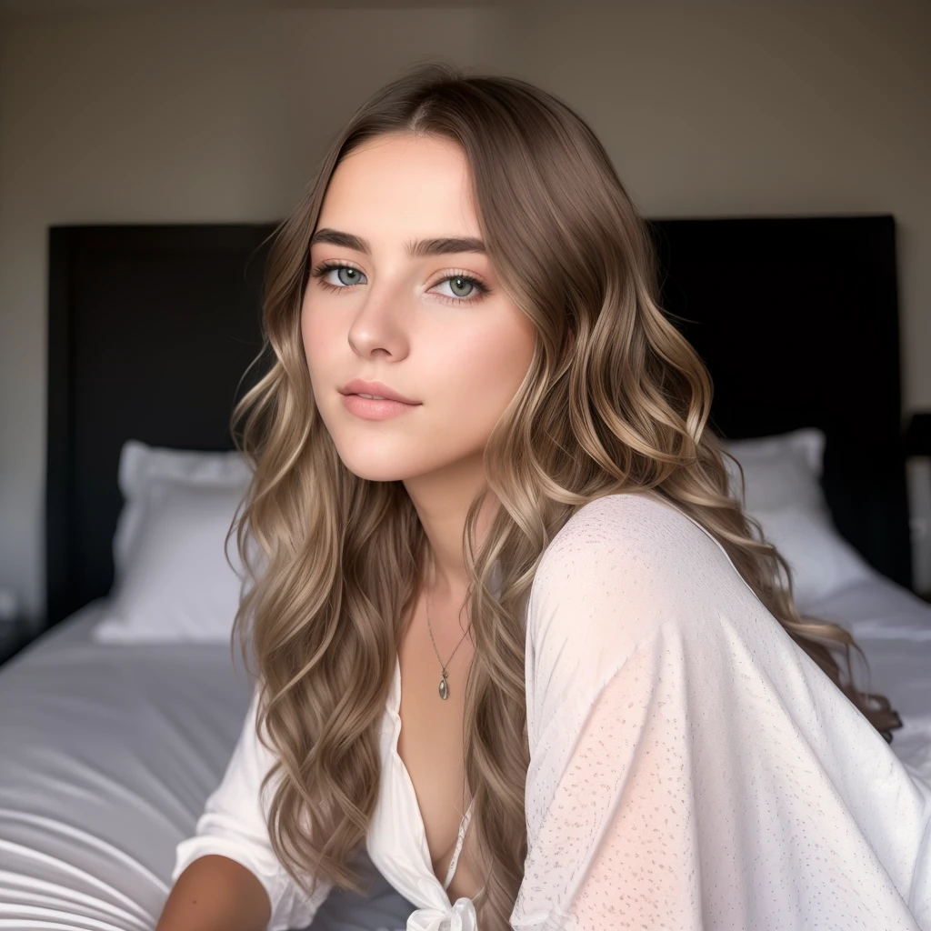 Photo of a 20-year-old European girl, raw, Beautiful woman, (Extra long wavy blonde hair), (Portrait)), ((Detailed face:1.2)), ((detai led facial features)), (finely detailed skin), pale skin,, wrapped in a sheet, Bedroom environment, Sitting on the bed, (cold color), moist, moist, Reflectors, (masutepiece) (perfectly proportions) (photos realistic) (Best Quality) (Detailed) photographed in a Canon EOS R5, 50mm Lens, F/2.8, nffsw, (8K) (Wallpaper) (Cinematic lighting) (Dramatic Lighting) (foco nítido) (Convoluted) Fashion, Fro m above
