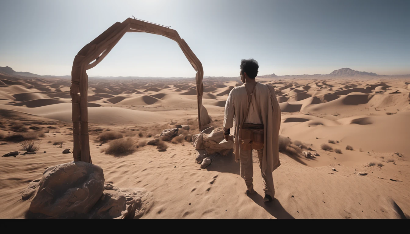 Cinematic images，Hyper-realistic，Ultra-wide viewing angle，Vast desert，oases，废墟，中景 the scene is，super-fine，Detailed pubic hair，stereoscopic perspective，Works of masters，detail in face，super-fine，16K resolution，high qulity，电影灯光，High picture detail，dynamic viewing angle，Detailed pubic hair，Epic shooting，oc rendered