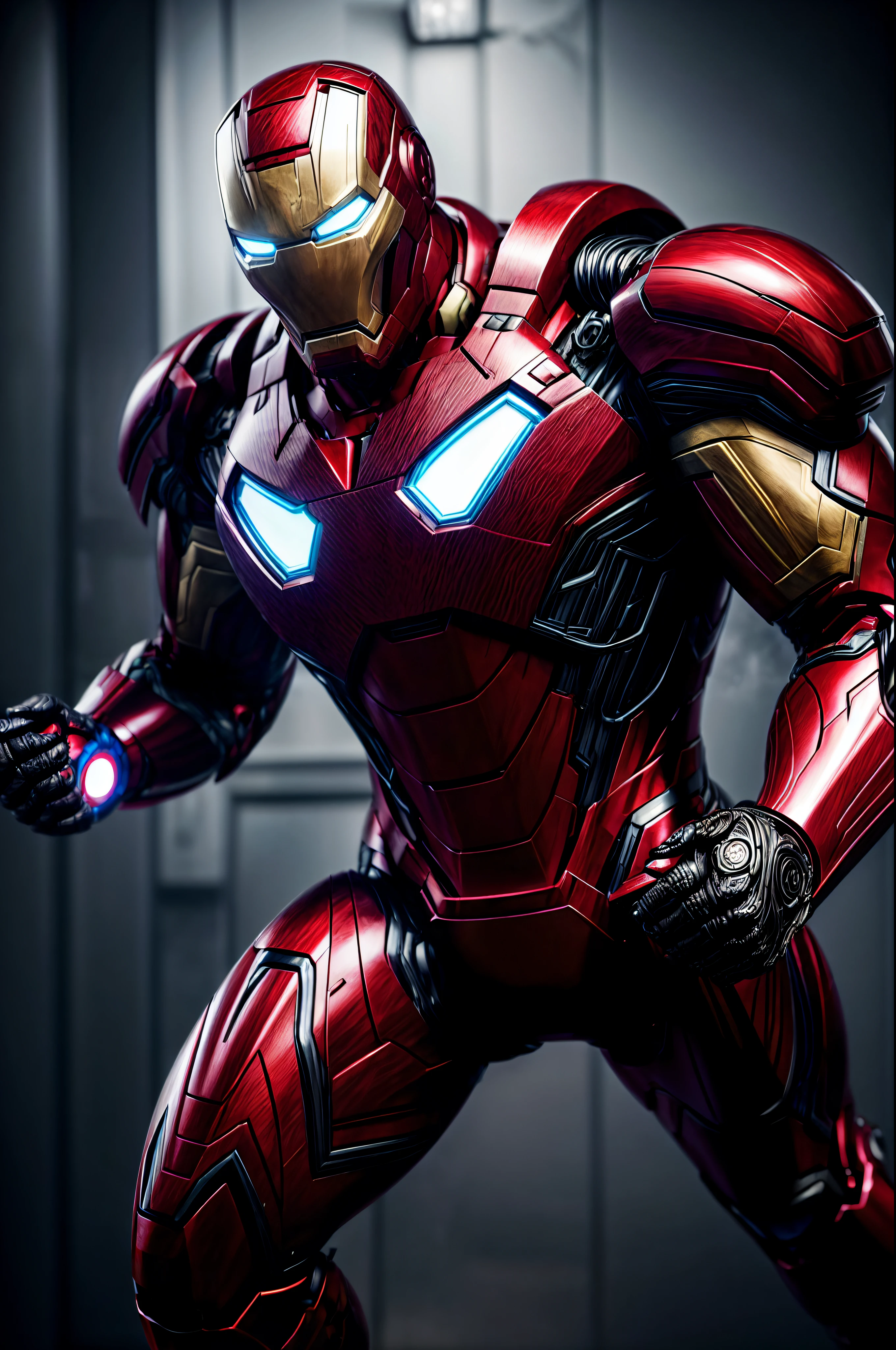 An intricate image of angry Ironman and venom, levitating, extremely detailed suit, micro-details, photorealism, one light, dark photo, deep shadows, shallow depth of field, photorealistic, Surrealism, high quality, masterpiece, 8k, 8k, super detail, full body portrait,  extremely muscular, body builder