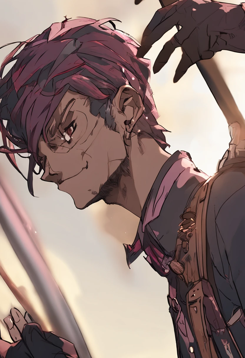 1boy, wanostyle, looking at viewer, solo, upper body, ((masterpiece)), (best quality), (extremely detailed), depth of field, sketch, dark intense shadows, sharp focus, soft lighting, hdr, colorful, good composition, spectacular, closed shirt, anime screencap, laughing, smug, ((skinny)), makeup, top-hat, pirate, time, ((steampunk)), (clocks), ((goatee)), (burgundy color scheme), eyeliner, lanky, very long arms