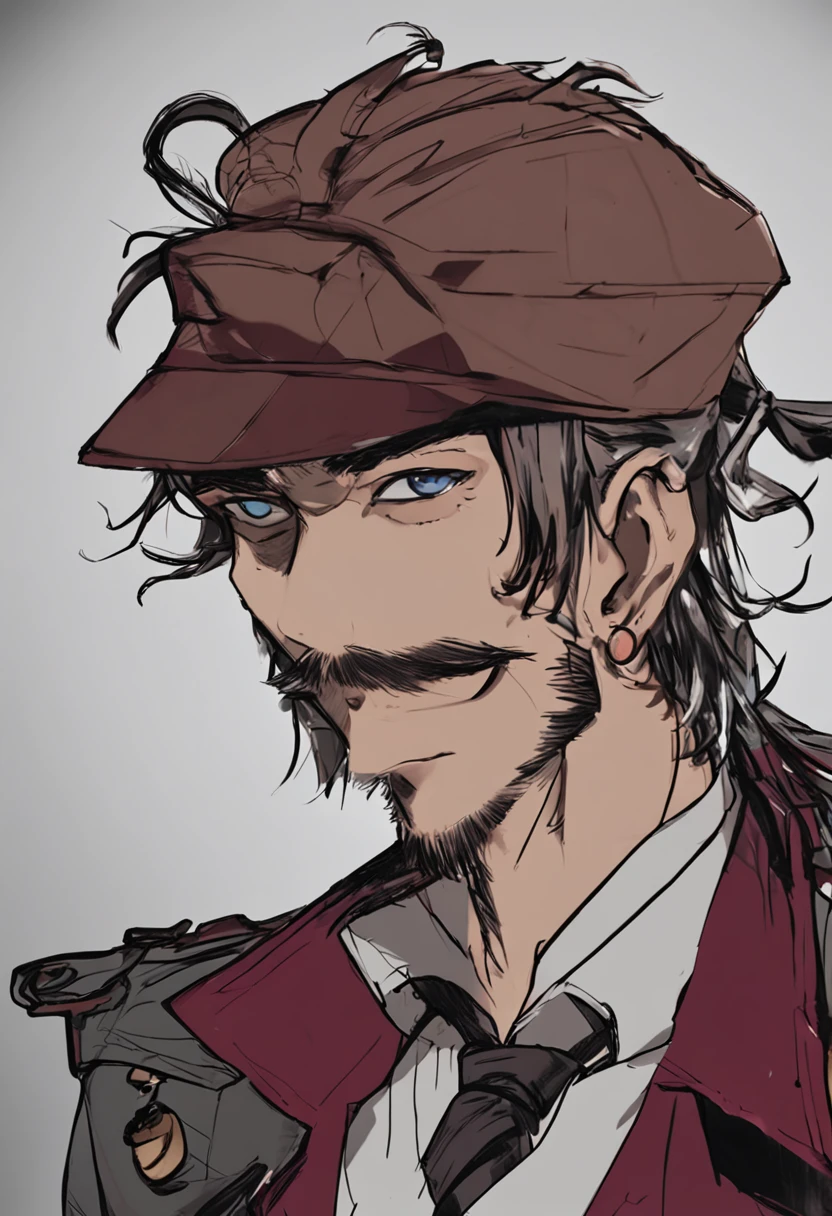 1boy, wanostyle, looking at viewer, solo, upper body, ((masterpiece)), (best quality), (extremely detailed), depth of field, sketch, dark intense shadows, sharp focus, soft lighting, hdr, colorful, good composition, spectacular, closed shirt, anime screencap, laughing, smug, ((skinny)), makeup, top-hat, pirate, time, ((steampunk)), (clocks), ((goatee)), (burgundy color scheme), eyeliner, lanky, very long arms