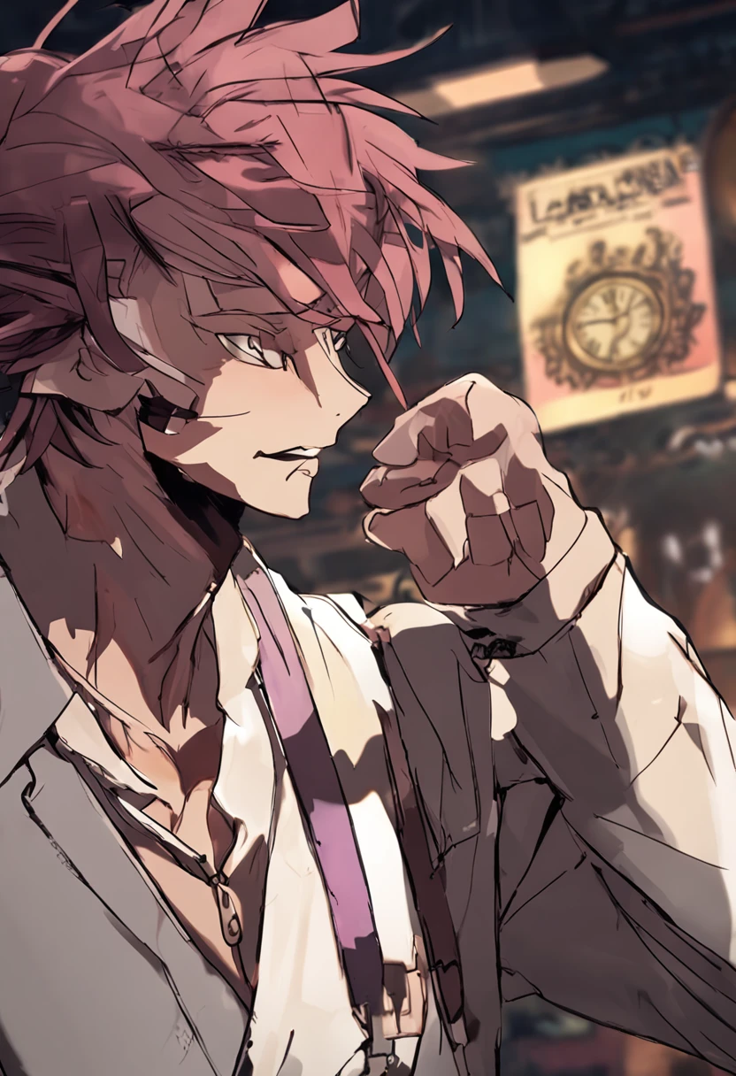 1boy, wanostyle, looking at viewer, solo, upper body, ((masterpiece)), (best quality), (extremely detailed), depth of field, sketch, dark intense shadows, sharp focus, soft lighting, hdr, colorful, good composition, spectacular, closed shirt, anime screencap, laughing, smug, ((skinny)), makeup, top-hat, pirate, time, ((steampunk)), (clocks), ((goatee)), (burgundy color scheme), eyeliner, lanky, very long arms