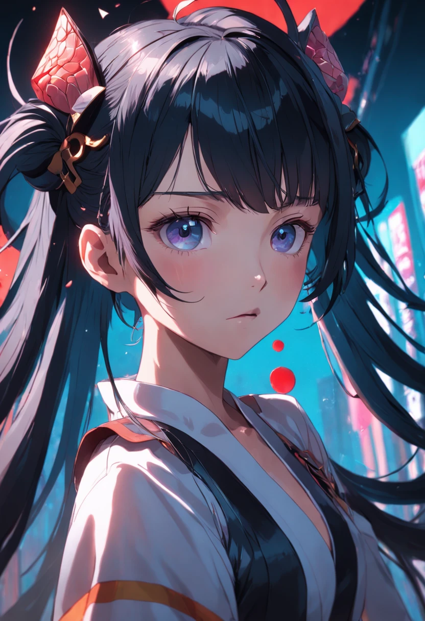 black hair, hair bobbles, longeyelashes, chin grab, disdain, Surrealism, drop shadow, anaglyph, atmospheric perspective, high detail, Ultra-Wide Angle, Luminism, lens flare, 8k, super detail, ccurate, best quality, textured skin, masterpiece