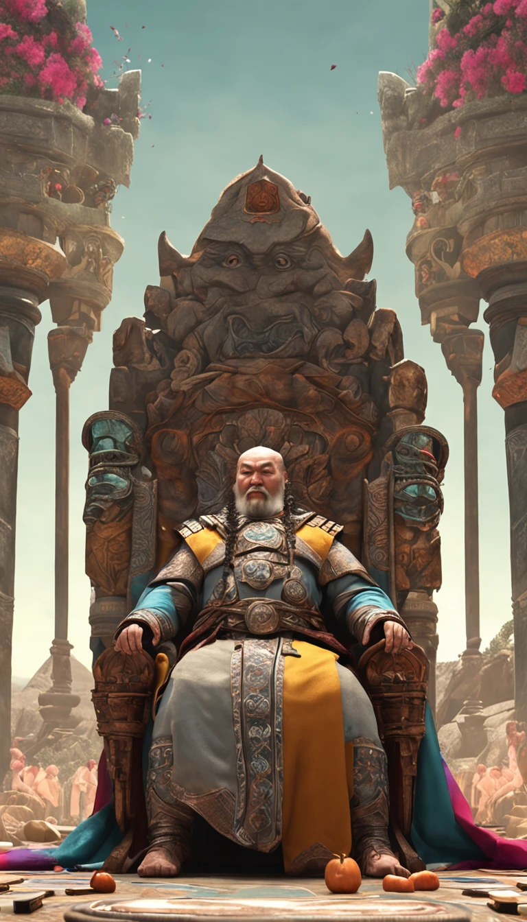 Gengis Khan sentado na mesa de jantar, rodeado por suas filhas adultas.