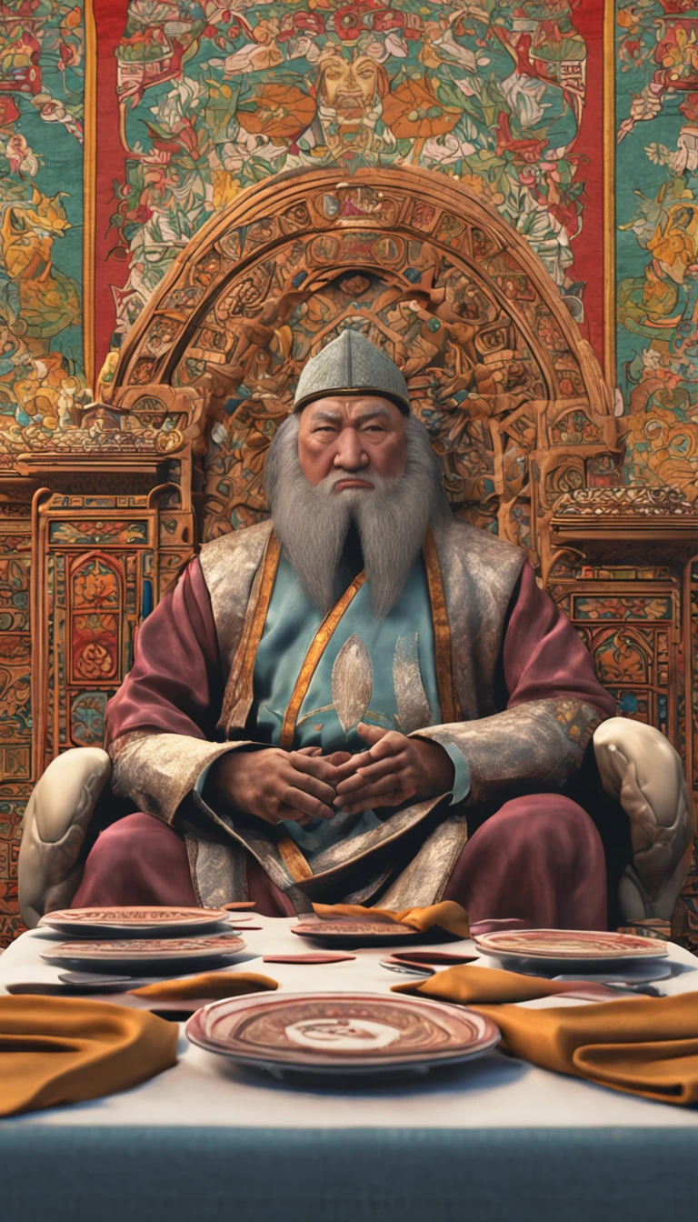 Gengis Khan sentado na mesa de jantar, rodeado por suas filhas adultas.