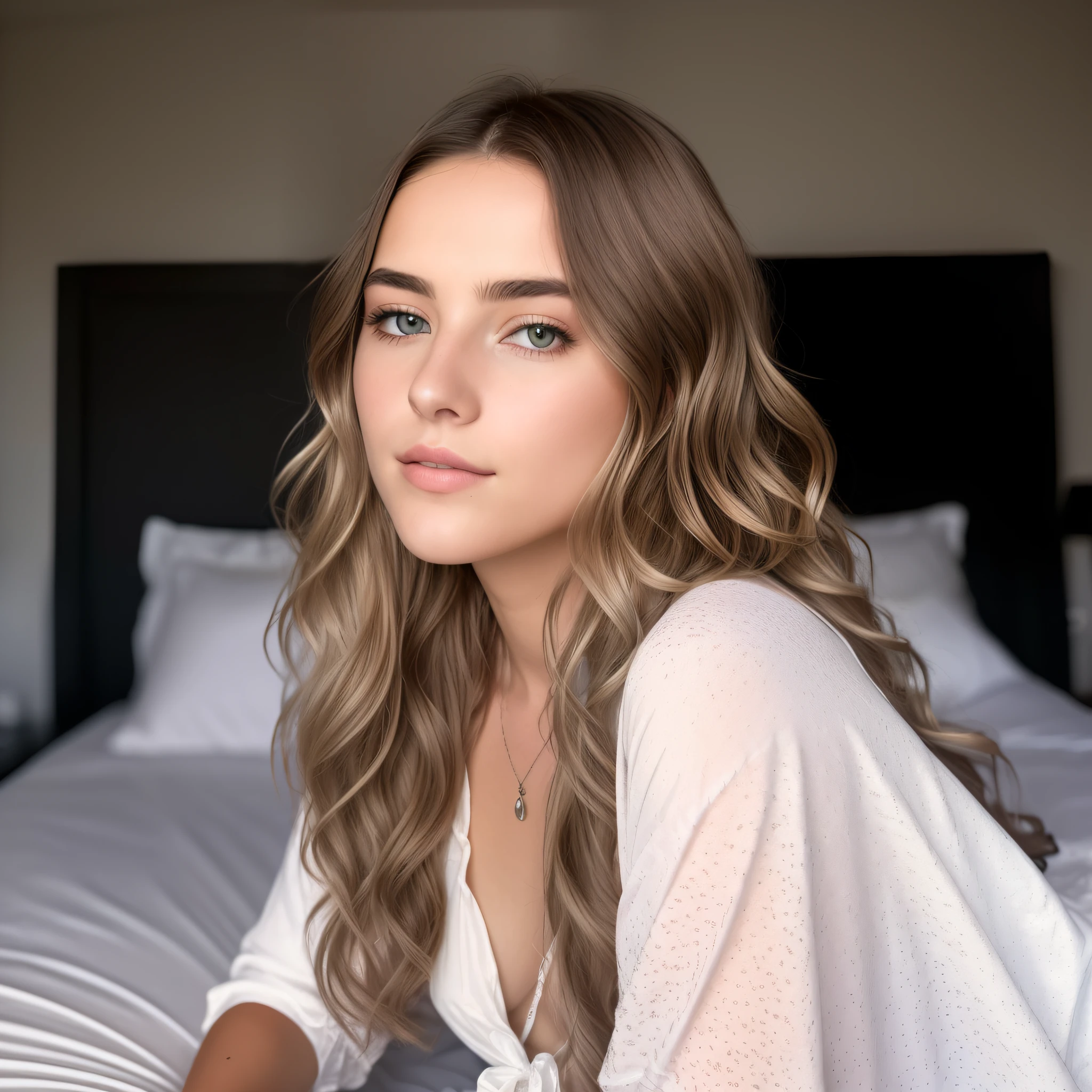 Photo of a 20-year-old European girl, raw, Beautiful woman, (Extra long wavy blonde hair), (Portrait)), ((Detailed face:1.2)), ((detai led facial features)), (finely detailed skin), pale skin,, wrapped in a sheet, Bedroom environment, Sitting on the bed, (cold color), moist, moist, Reflectors, (masutepiece) (perfectly proportions) (photos realistic) (Best Quality) (Detailed) photographed in a Canon EOS R5, 50mm Lens, F/2.8, nffsw, (8K) (Wallpaper) (Cinematic lighting) (Dramatic Lighting) (foco nítido) (Convoluted) Fashion, Fro m above