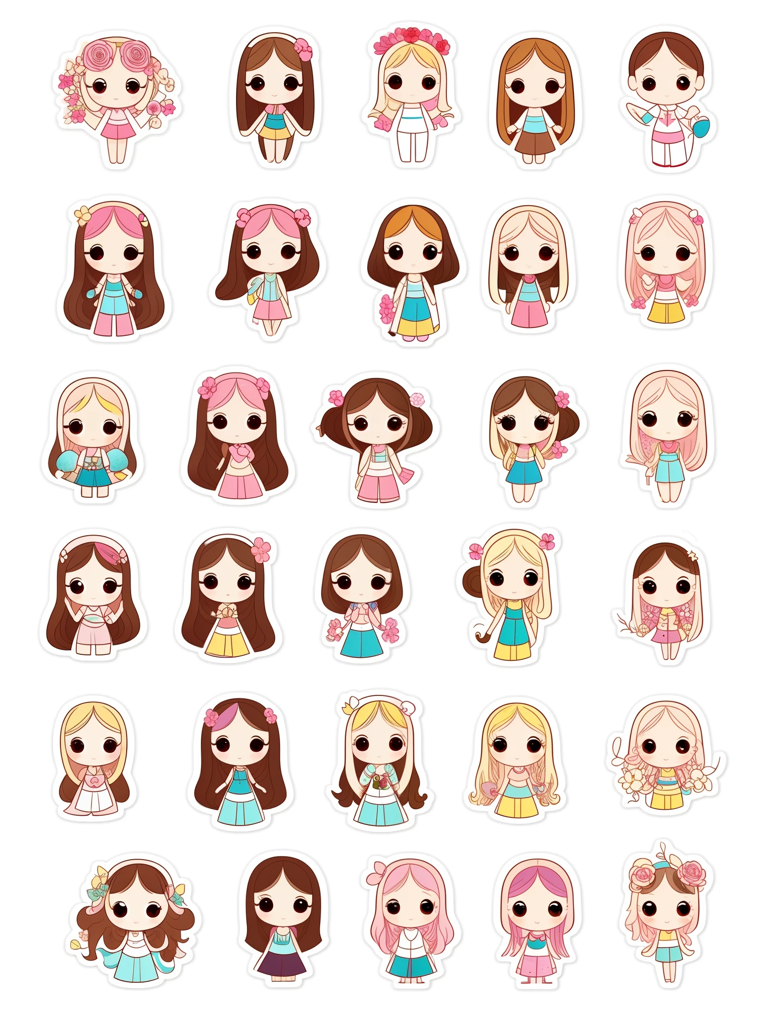 Cute  stickers and handbook stickers background,two-dimensional illustrations, full-body portraits of girls,dopamine-coloured outfits, big eyes, smiling faces,high-cold beauty, animated gifts, aristocratic depictions, gentle and elegant,
ultra-high-definition images, full body, flower, white border