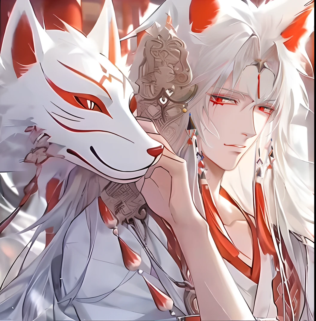 Anime boy with white hair and red eyes holding a white cat, White-haired fox, white fox anime, with kitsune mask, kitsune three - tailed fox, Kitsune, From Arknights, Keqing from Genshin Impact, Beautiful fox demon man, onmyoji, zhongli from genshin impact, Onmyoji detailed art