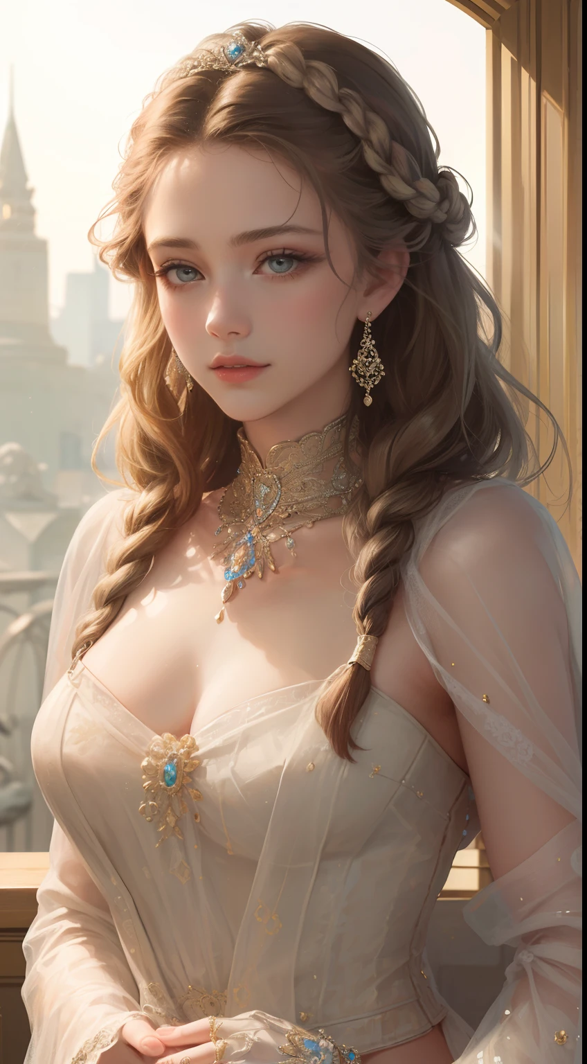 (Ultra-high quality masterpiece，Beautiful bust of an 18-year-old noble girl，Delicate classical coiled hair，Braided hair，，The eyes are shiny and clear，Floral craftsmanship，crystal、Diamond jewelry，Ultra-fine details，Soft lighting)