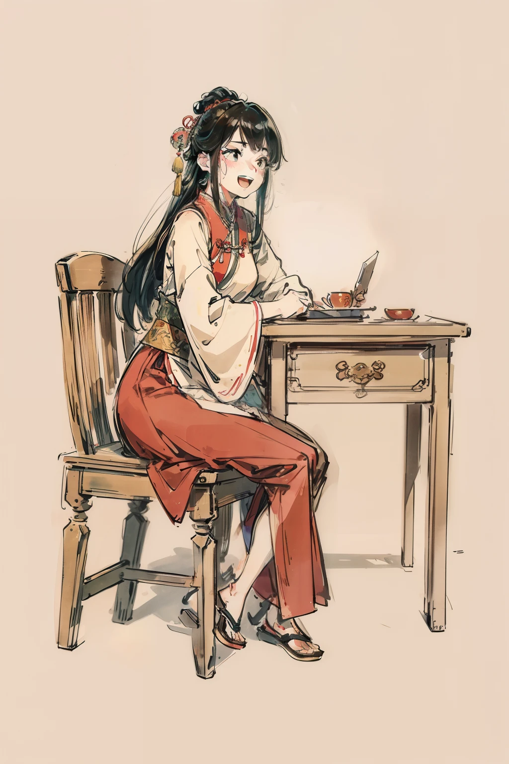 A daughter，Solo，（Hanfu），（Tang Feng），nerds，a chair，desks，Sat down，buliding，east asian architecture，Perfect body proportions，Bad laughs，Blushlush