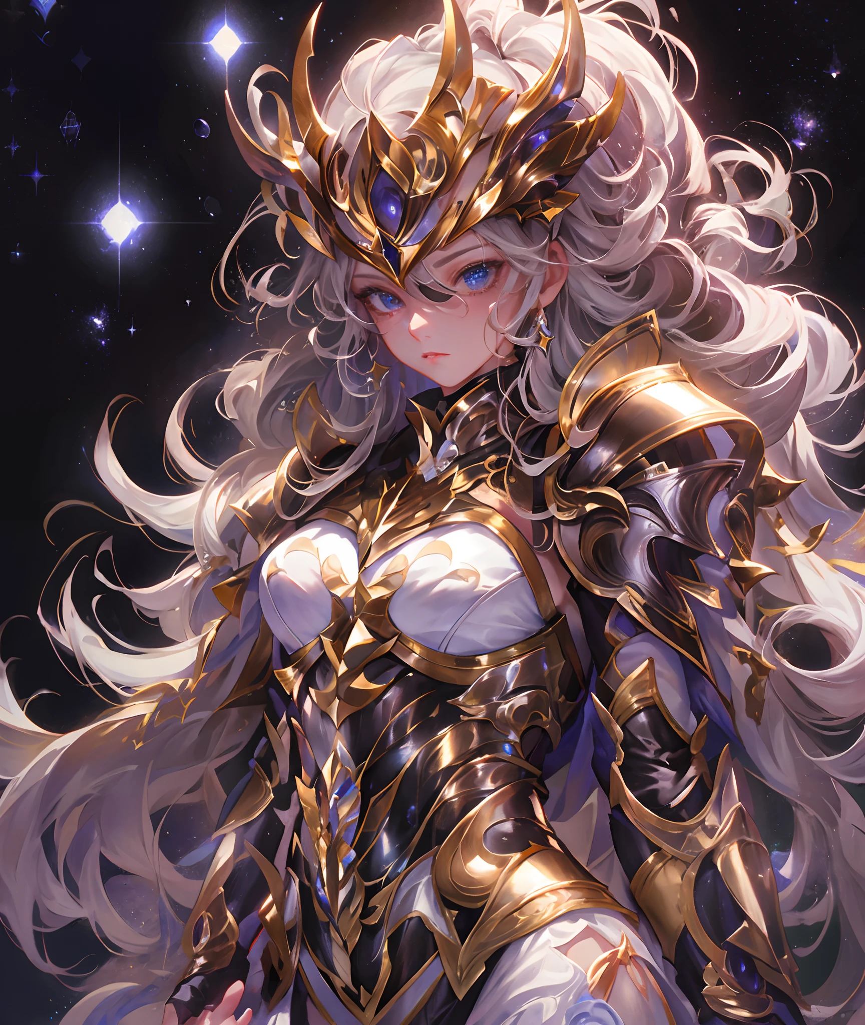 Ultra-high saturation，（tmasterpiece）， fully body photo，（best qualtiy）， （1girll）， starryskybackground，Wearing shiny gold armor， Sexy lingerie type armor，Expose your chest，Expose the waistline，Exposing thighs，cool-pose， Saint Seiya Armor， messy  hair，high detal, Anime style, Cinematic lighting, Sparkle, god light, Ray traching, filmgrain, hyper HD, textureskin, super detailing, Anatomical correct, A high resolution，Ultra-high saturation，hight contrast，High-gloss armor，Smooth skin，Serious expressions,Dark room,