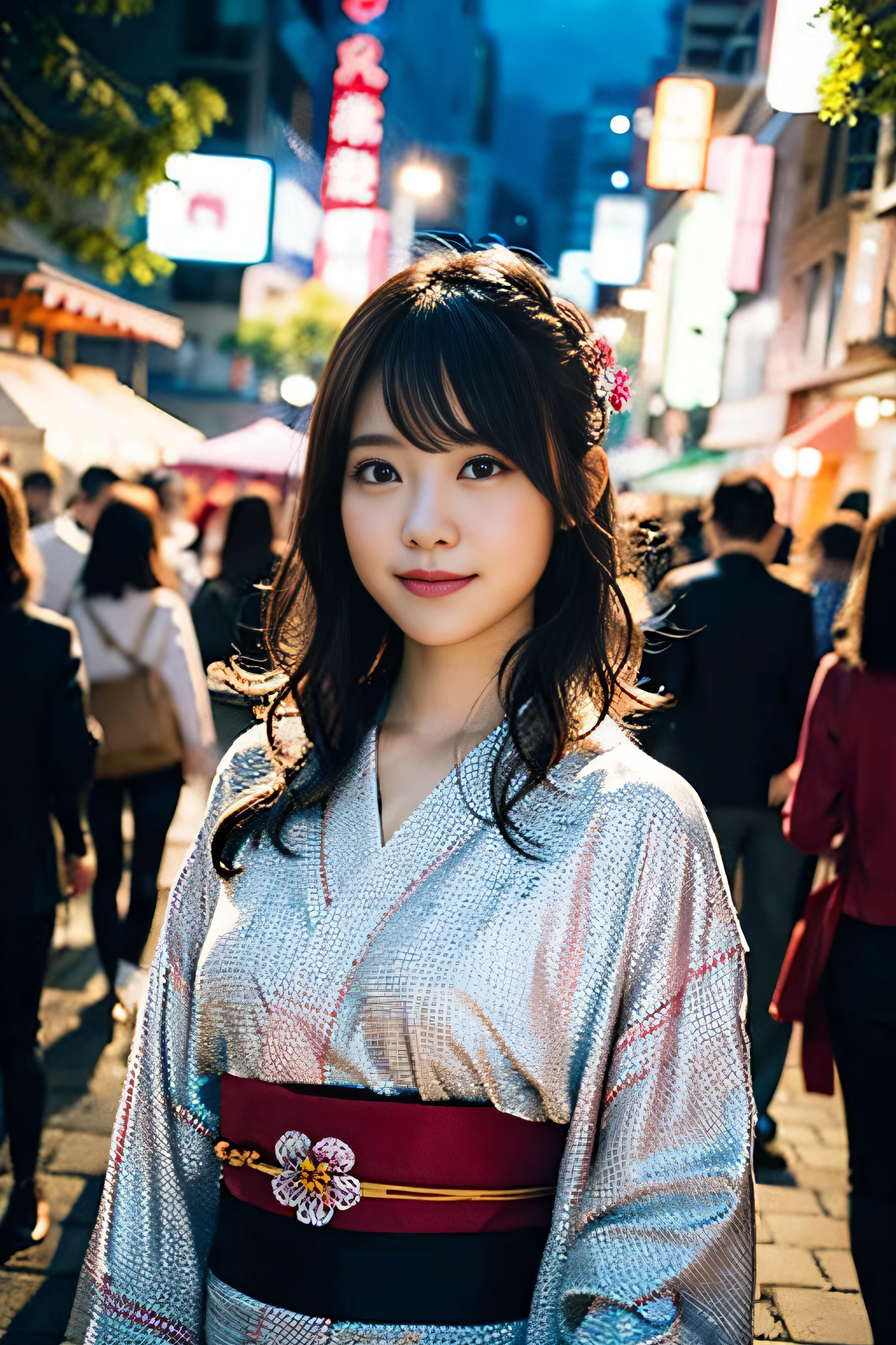 (8K、Raw photography、top-quality、masterpiece:1.2)、(realisitic、Photorealsitic:1.37)、ultra-detailliert、超A high resolution、女の子1人、see the beholder、beautifull detailed face、A smile、Constriction、(Slim waist) :1.3)、Beautiful detailed skin、Skin Texture、Floating hair、Professional Lighting、Whole human body、Longhaire、a blond、Japan floral yukata、matsuri、In the street、sparklers、Bob Hair,Background of the fireworks display