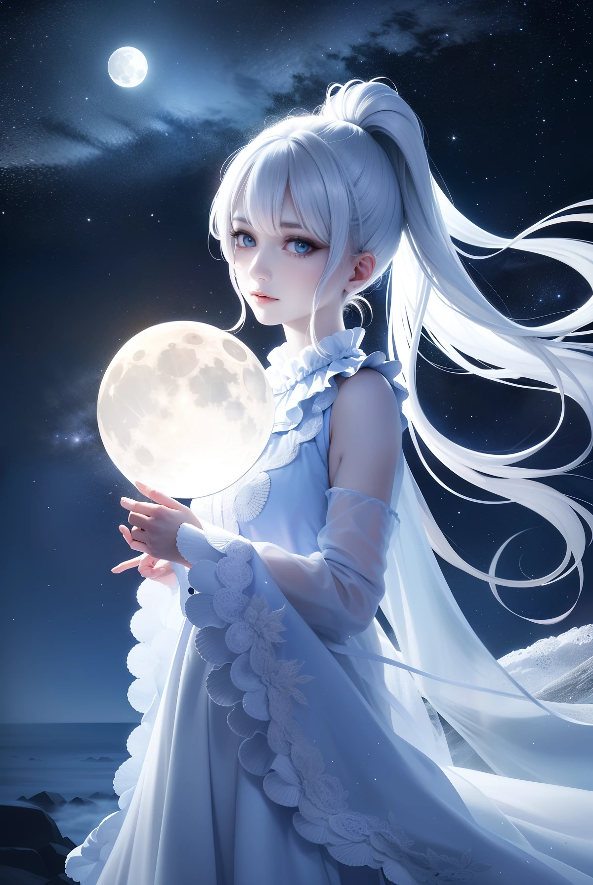 Masterpiece, (Best Quality: 1.2), (Super Fine: 1.2), Illustration, (Extremely Delicate and Beautiful: 1.2), Film Angle, Floating, (Beautiful Detail Eye: 1.1), (Detail Light: 1.1), Film Lights, Delicate Sky, Woman, White Hair, Blue Eyes, (High Ponytail: 1.1), Cloak, Glowing Eyes, (Moon: 1.2), (Moonlight: 1.1), Starry Sky, (Light Particles: 1.1), Fog , snow painting, sketching, blooming