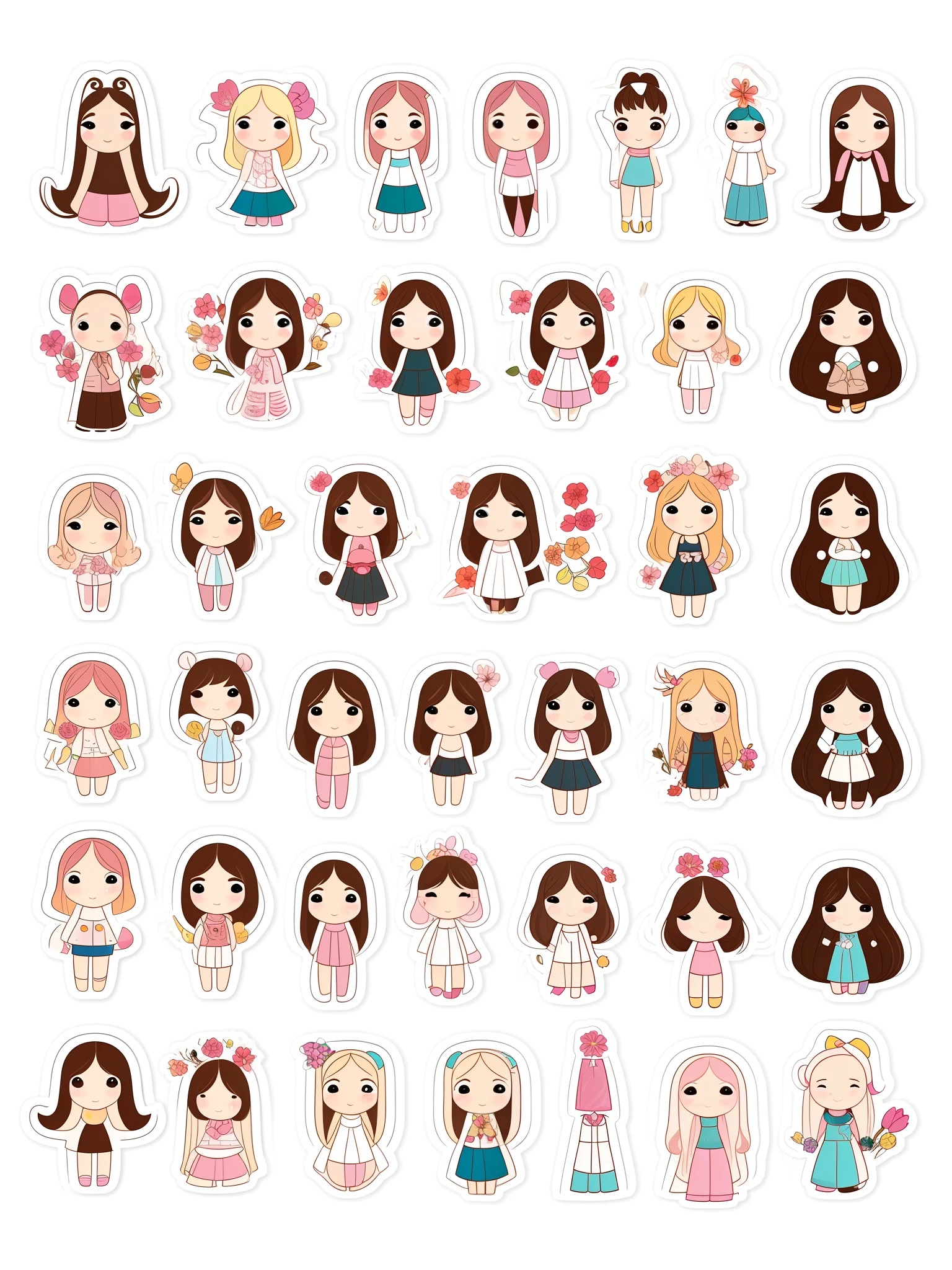Cute  stickers and handbook stickers background,two-dimensional illustrations, full-body portraits of girls,dopamine-coloured outfits, big eyes, smiling faces,high-cold beauty, animated gifts, aristocratic depictions, gentle and elegant,
ultra-high-definition images, full body, flower, white border