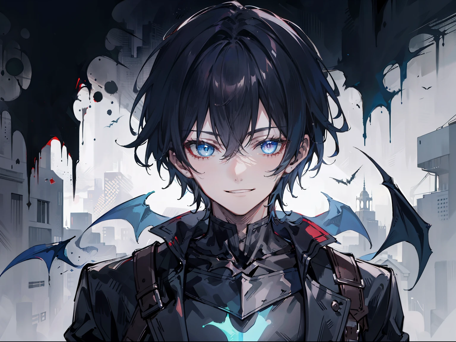 "Epic dark atmosphere, stunning 4k artwork featuring a dark knight, dark short hair, glowing blue eyes wearing general coat with 5 stars on his clothes, he is from fallen kingdom, he have dark aura and psychopath little smile."