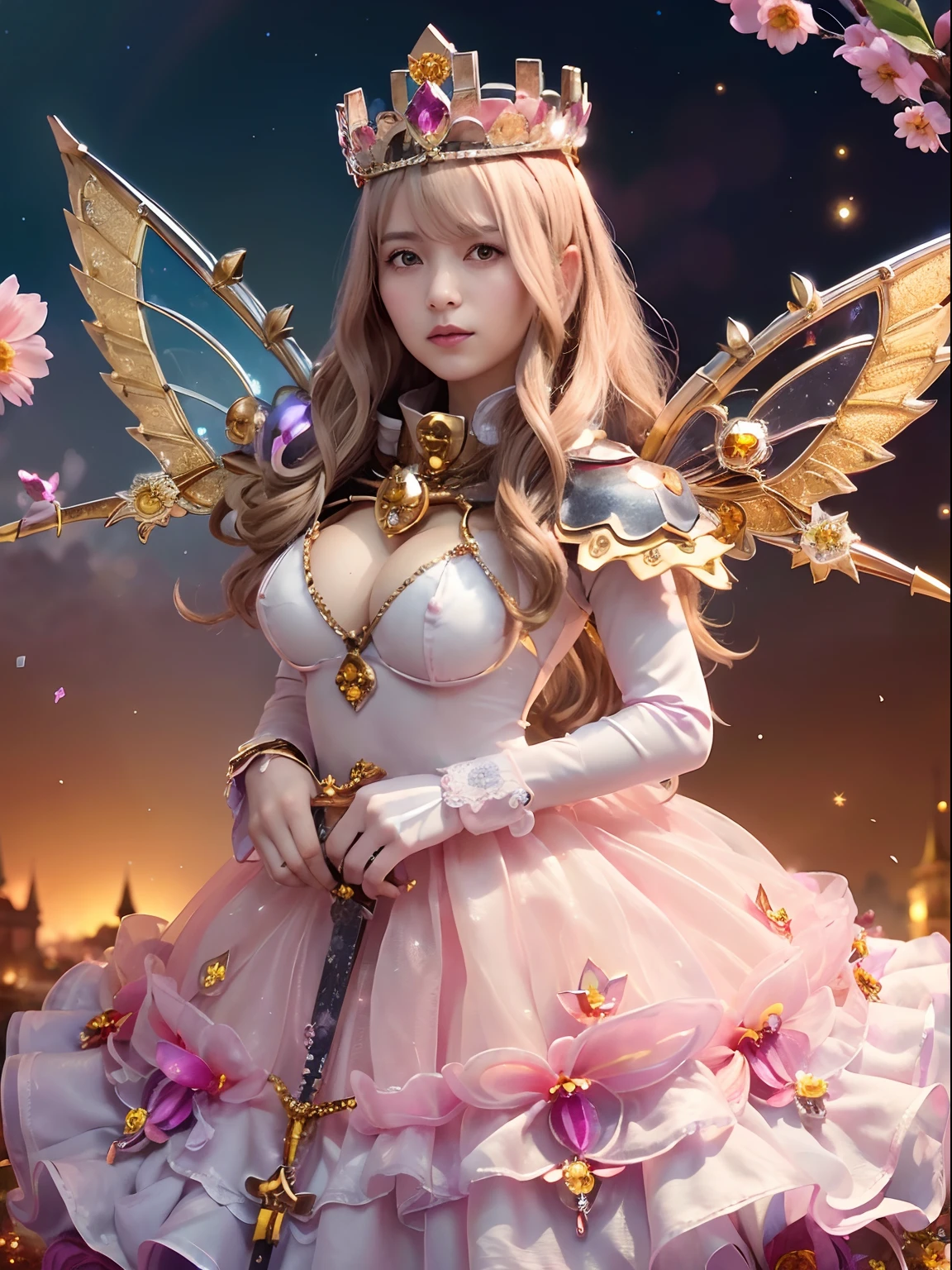 (Fairy of Light), Professional , masterpiece、top-quality、photos realistic , depth of fields (Gemstone Flower Metal Body:1.4),(Matte Silver Pink、Jewel Gold Weapon、(Gorgeous castle background)、(ultimate beauty girl)、(Flower rainbow fairy wings grow)、(Jewel Flower Metal Body:1.9),Gorgeous Jewel Metal Weapons , Detailed Sword of the Brave ,( a blond) ,warhammer 40k ,((Floral Micro Bikini))、Particles of light、(Beautiful flower garden background)、 Mystical expression,Detail and ornate flower jewel crown、独奏、Brown hair、(Gangle's forest background)、Beautiful Caucasian beauty、1a person、dynamic ungle,(((Diamond tiara with detail and luxury)))、a small face、Powerful poses、(Gorgeous castle background)、huge filesize、20 year old beautiful woman、Thin female fingers、Straight long hair、Beautiful Caucasian beauty、Valley、Fairy of Light、Particles of light、