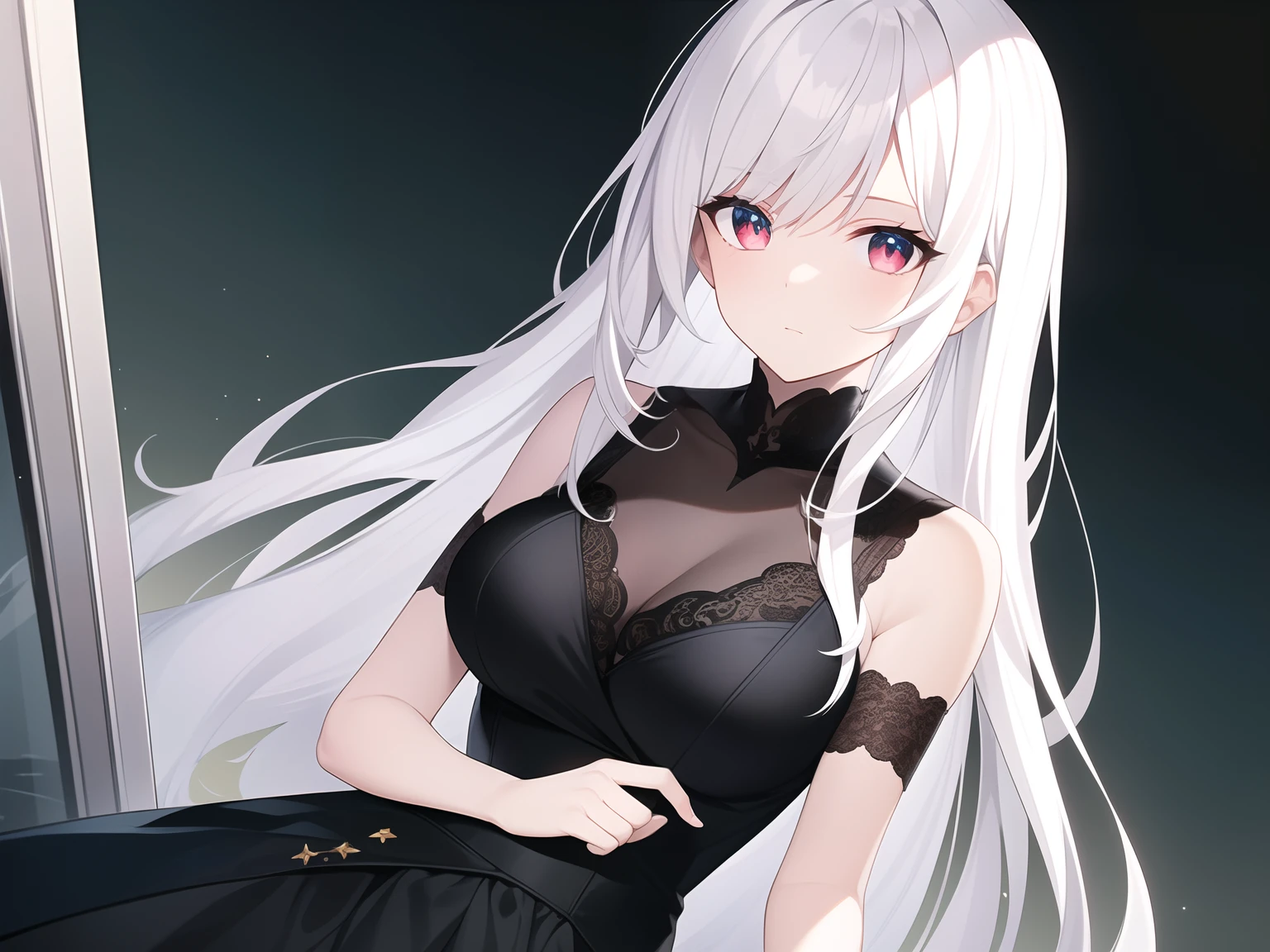 ((Masterpiece, Best quality))++, Detailed light+, Detail hair+, detail hand+ ,1girll, woman, Long hair, Crimson eyes, Beautiful eyes, Young gray hair,,(Beautiful white hair:1.5),(Beautiful detailed eyes), high resolution+, blacksilk , a black skirt, Glass tones, Reflective eyes, {{Angle}} , extremelydetailedwallpaper, Original, ,