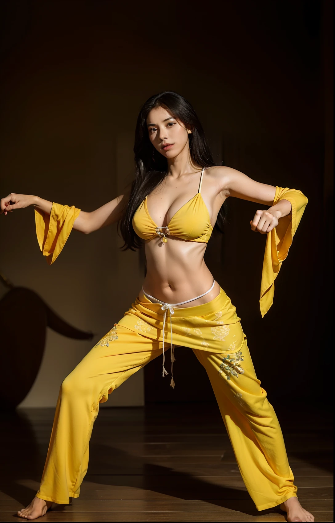 Lutadora linda, seios muito grandes, roupa laranja de monge xaolin sensual, treinando kung-fu, sexy