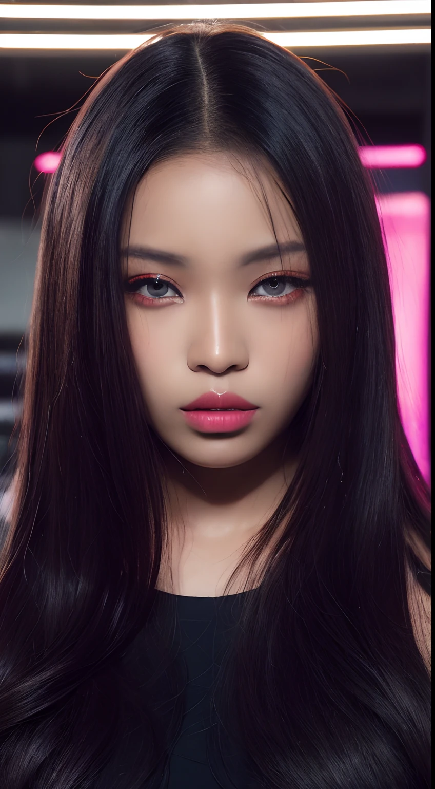 one African model , hair model, Unique hair details, cyberpunk fashion, Near future , double eyelid, plump lips, professional makeup
