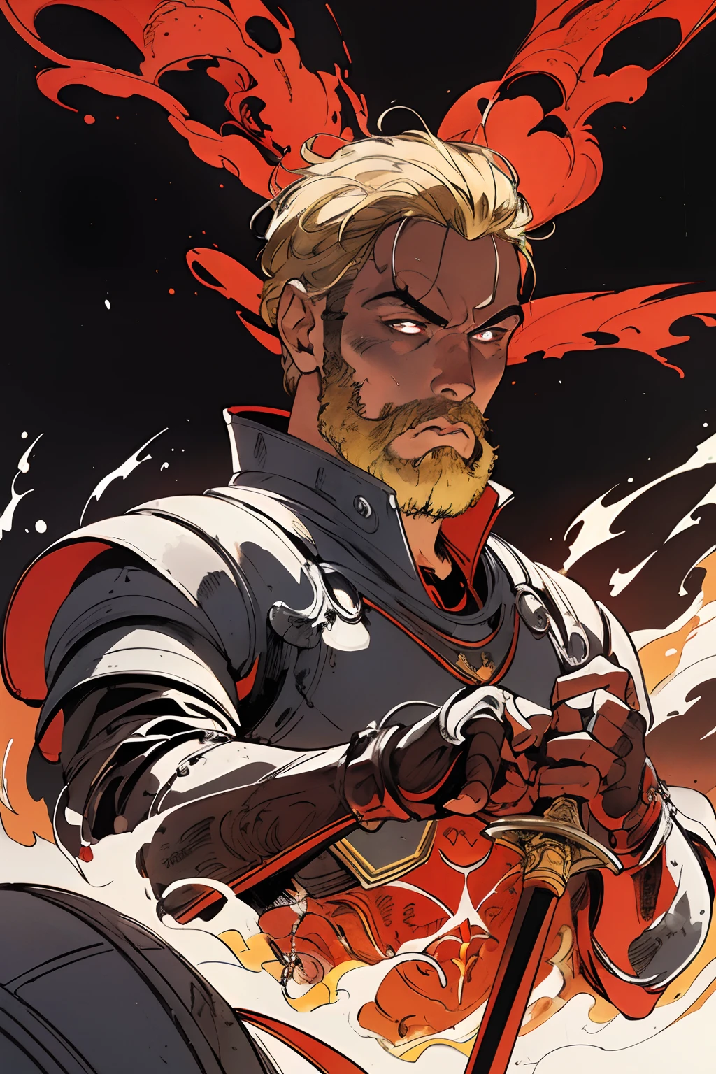 masterpiece:1.2, best quality, absurdres, fire, dark, action shot, futuristic knight, SCI-FI, holding sword, centered, portrait, in the style of Kentaro Miura, (1 male), blonde, devoid of eyeballs, muscular, brown beard, comic, intricate, surreal,