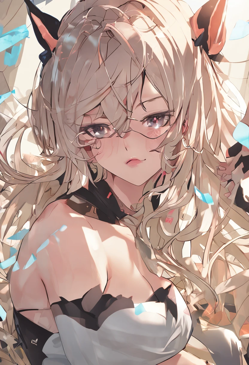 black hair, long hair, big hair, expressive hair, hair ornament, rimless eyewear, gradient eyes, grin, heart in eye, fang, Surrealism, Minimalism, stereogram, 1080P, UHD