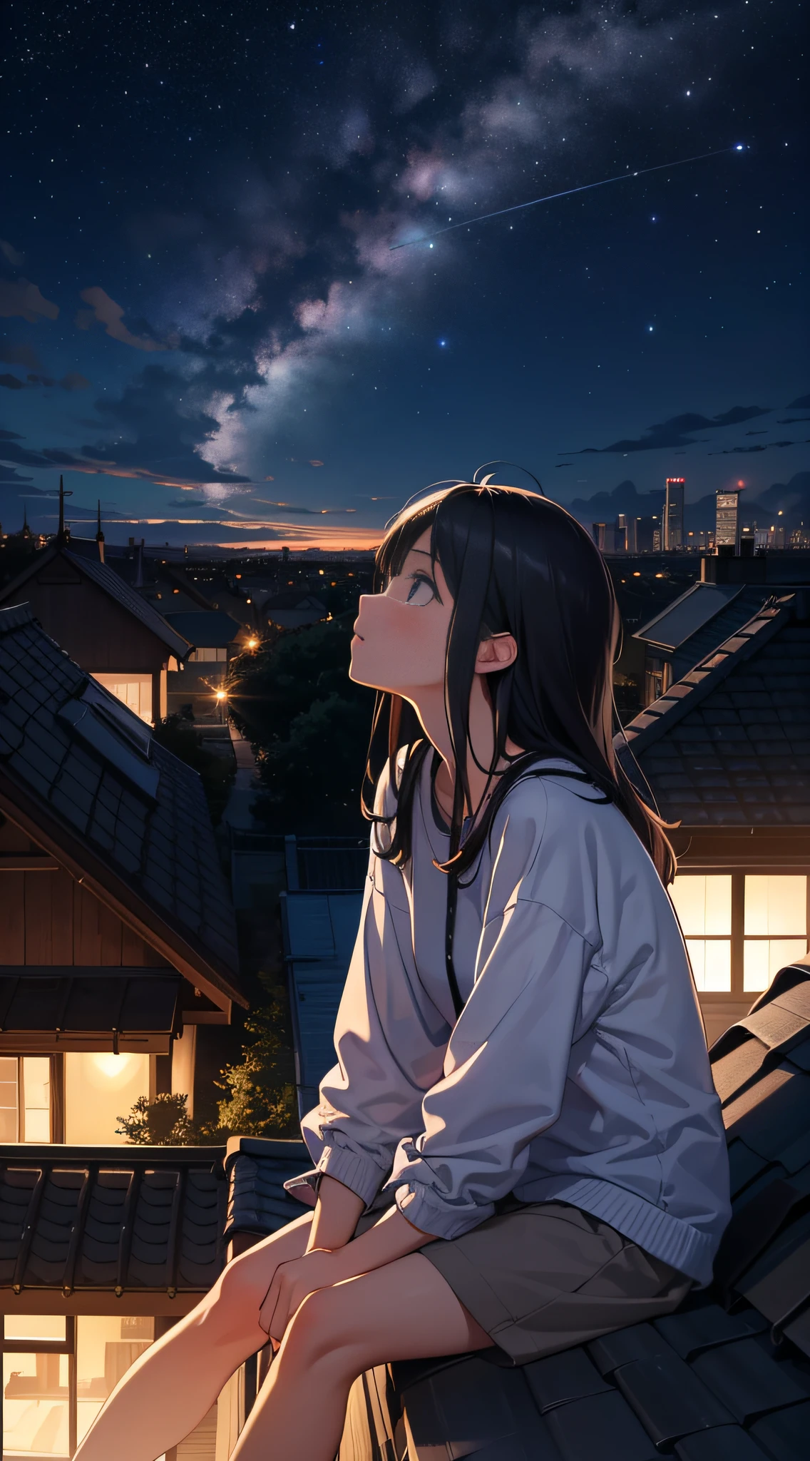 Close-up，A girl sits on a roof,Look up at the starry sky in the night sky。On the horizon in the distance,The silhouette of several buildings can be seen。She felt the comfort of the night breeze。The whole scene is calm and beautiful