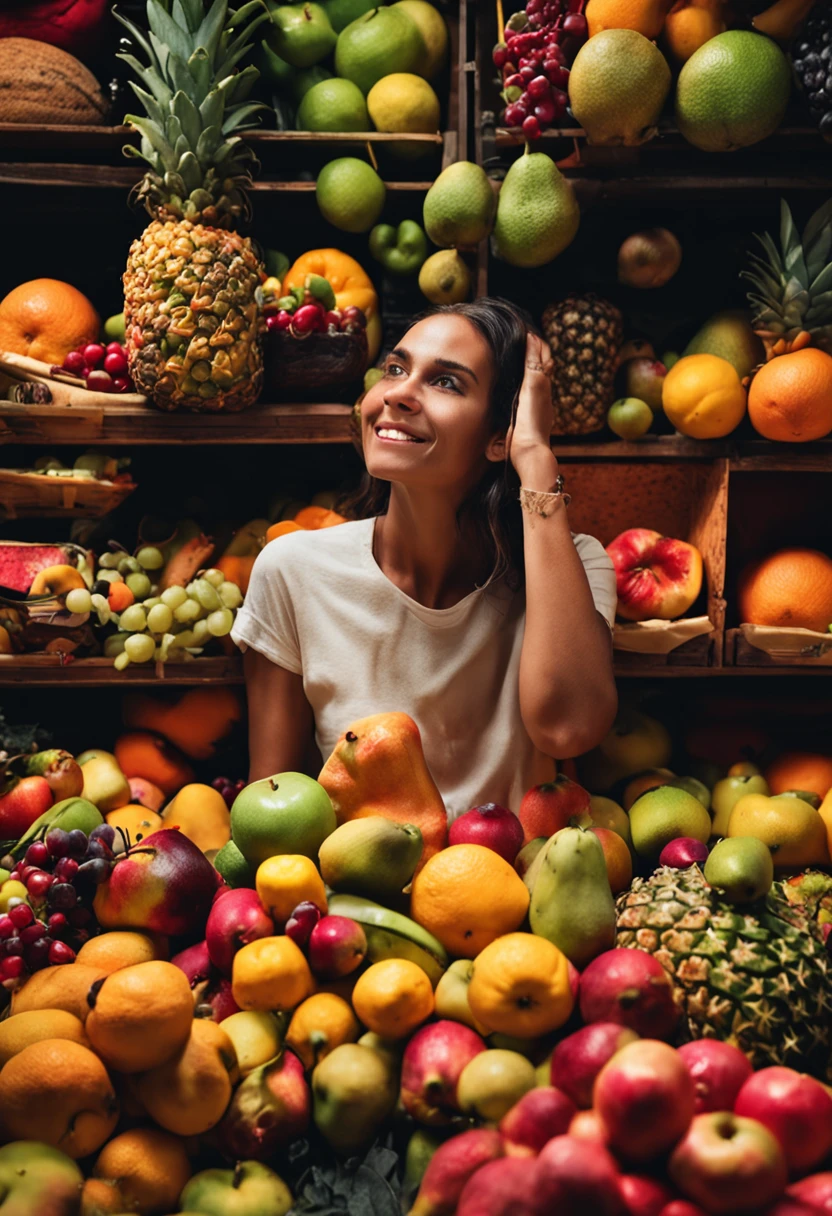 mulher segurando frutas e verduras