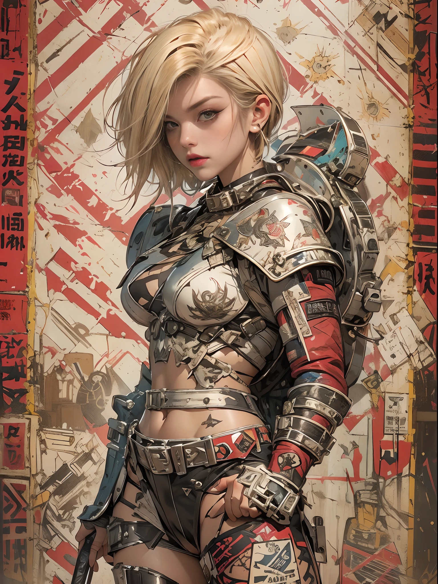 ((top-quality、8K、32K、​masterpiece、nffsw:1.3)), (superfine illustration)、(超A high resolution), (((Adults))), (((1girl in))), ((( bob's haircut ))), 25-year-old cyberpunk gladiator with a perfect body, Shoulder pads with metal spines, Gladiadores in Brooklyn, (( bob's haircut )), Small leather panties, Torn rugby team shirt, Almost naked in Simon Bisley's urban savage style, short blond hair, Minimum clothing, Metal protection on the left arm with complex graphics, Dark red with white stars and blue and white stripes, s Armor, Full of tips and rivets, Poison tattoo (((From the knee up))), short white blonde hair, In the background、 There is a wall with an intricate design painted by Shepard Fairey