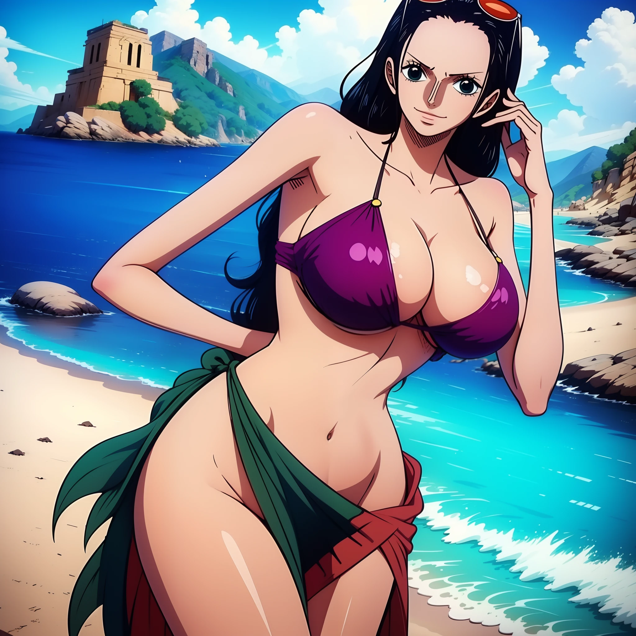 Robin de One Piece, sexy pose, Indien , Saree, Saris rouge, 8k, Anime, plage, gros boob, gros cul, look sexy,nsfw