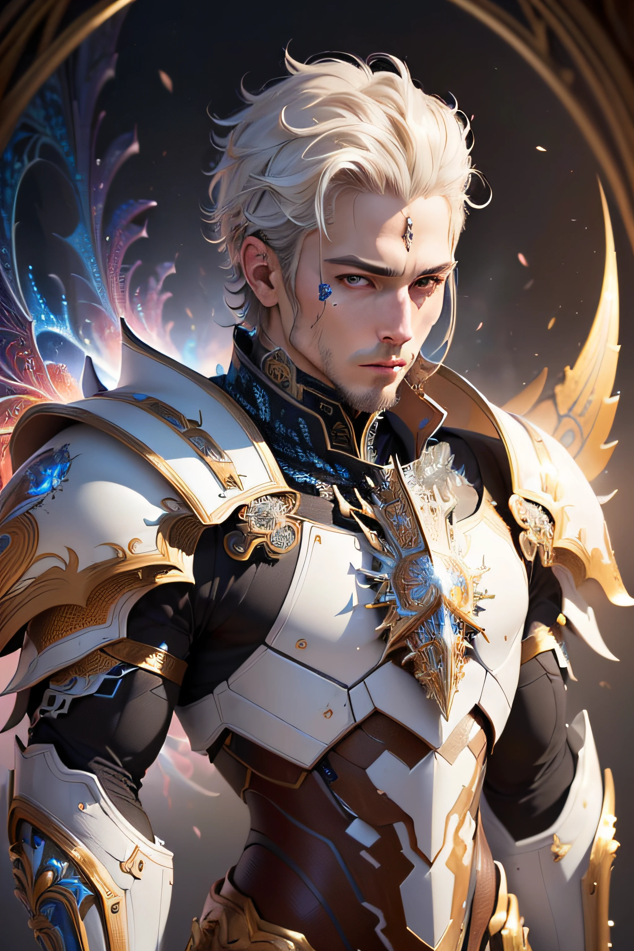 (masterpiece, top quality, best quality, official art, aesthetic:1.2), (1king), extreme detailed,(fractal art:1.3),colorful,highest detailed, armor, sharp facial features, handsome, short hair, white armor suit