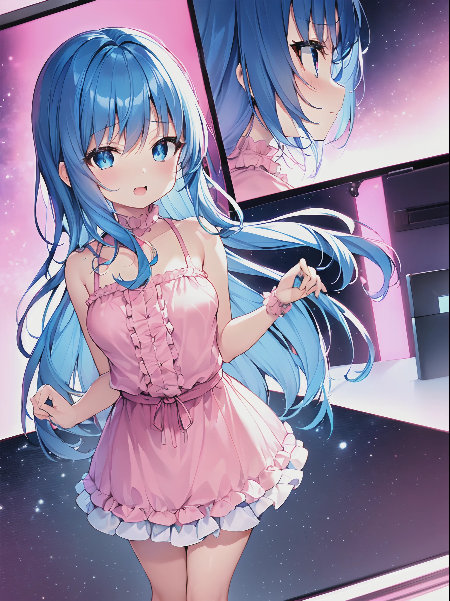 (((The ultra -The high-definition))), (((An ultra-high picture quality))), (((Large screen))), 独奏, Very cute, Moe Anime Style, Delicat eyes, ( Girl:1.5), (Quite modest chest:1.3), (saturated blue hair:1.2), (Straight long hair:1.2), (Long straight sideburns:1.1), (blue eyess:1.2), (A little sagging eyes:1.3), is standing, Smiled face, Big open mouth, (Cute skirt with pink and white ruffles), Cute long sleeve blouse with pink and white collar), (Room with PC monitor:1.1),