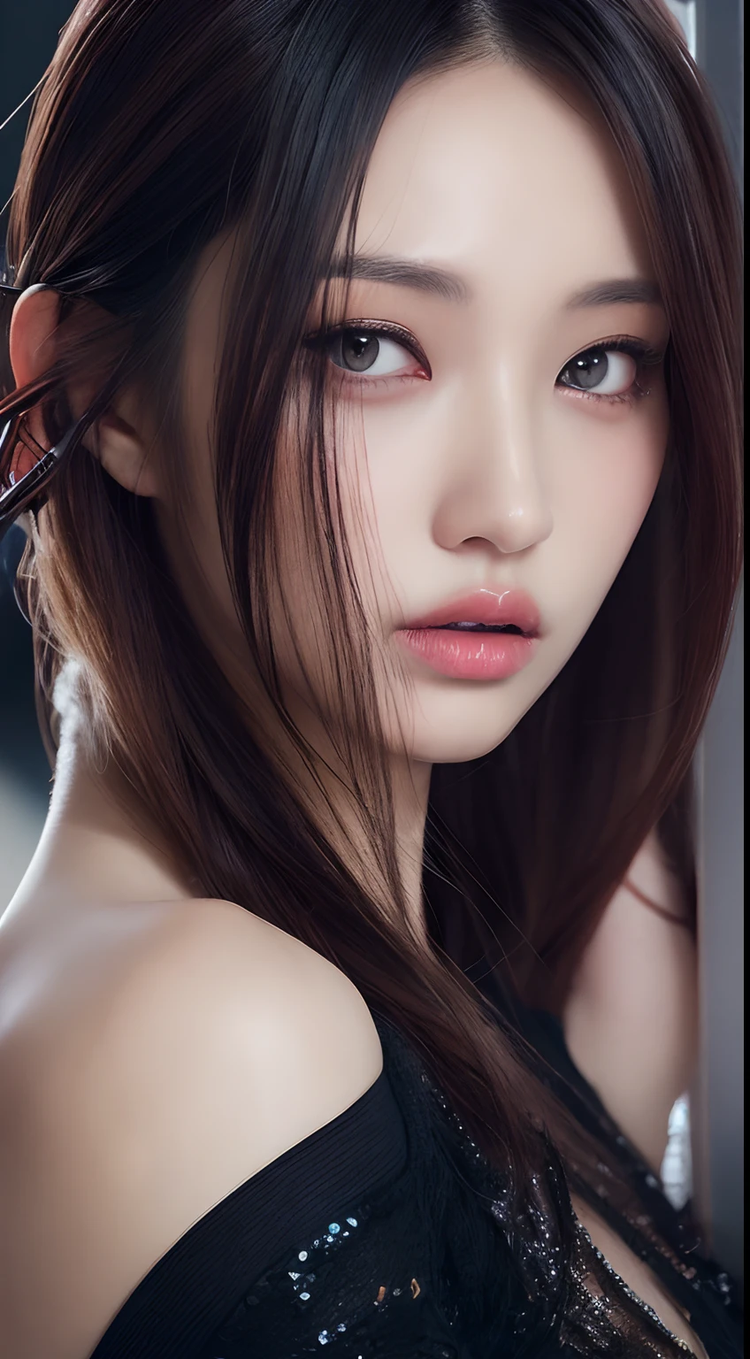 one Japanese model , hair model, Unique hair details, cyberpunk fashion, Near future , double eyelid, plump lips, professional makeup