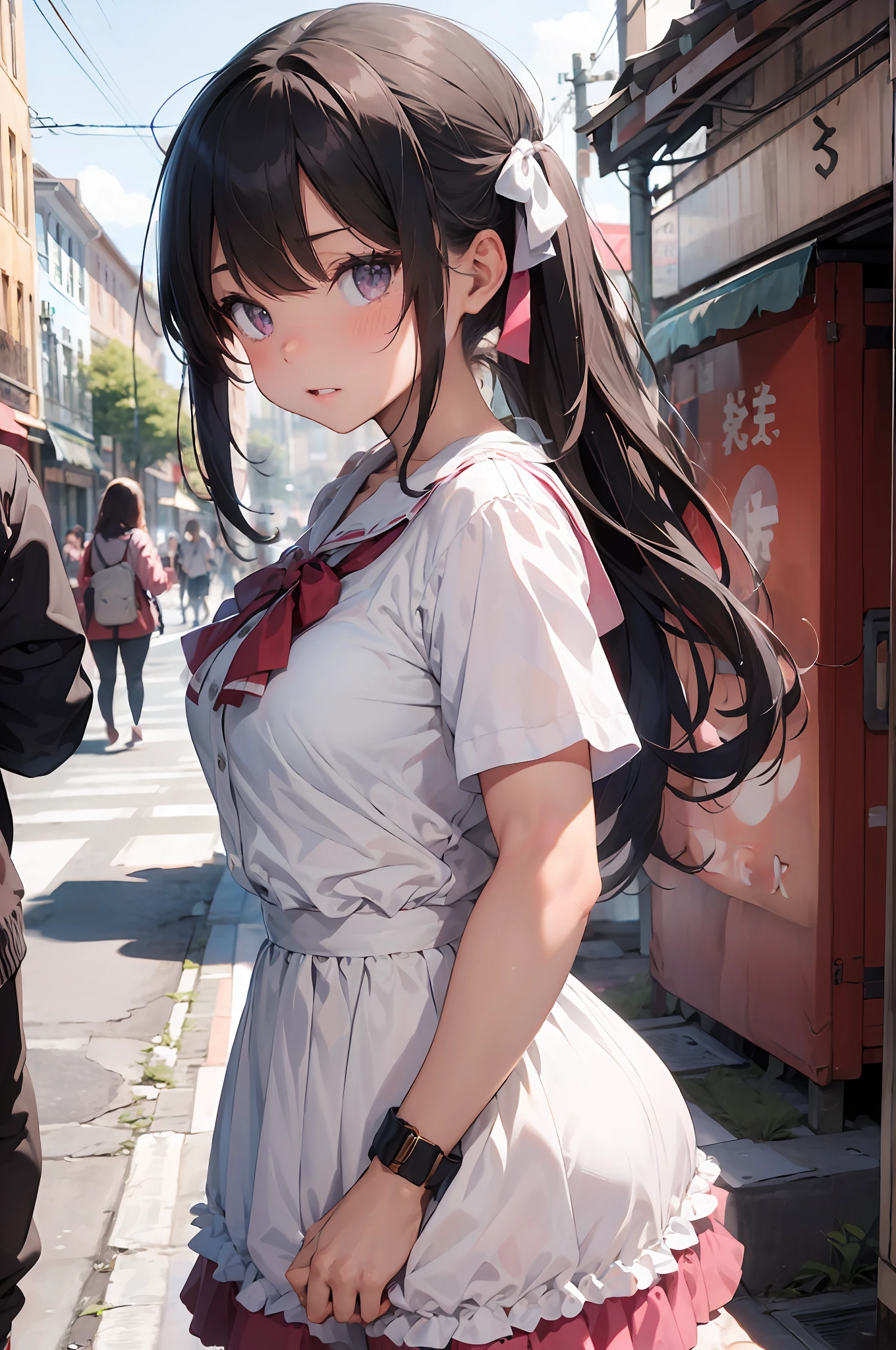 beautiful, masterpiece, best quality, extremely detailed face, perfect lighting, 1girl, solo, 

photorealistic illustration,in street,crowded man,sex,kawaii girls and man, showing pussy, pussy juice, blush, motion lines, crowded,angry,
pov, looking at viewer,
large breasts,frilled shirt collar, pleated skirt, black ribbon, hair ribbon, pink shirt, nsfw,