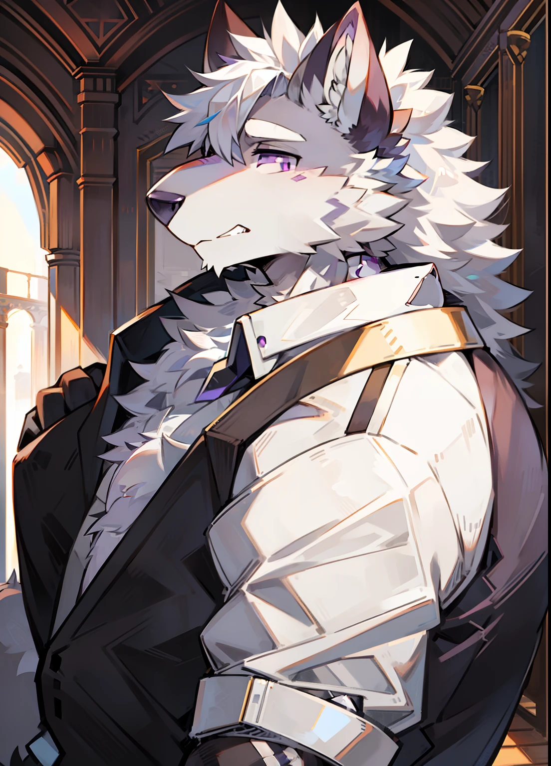 solo person,shaggy male,hairy chest,coyote,canid,Gray fur,long white hair,The ends of the hair are purple,a purple eye,Bullied,adolable,Handsome,large tail,