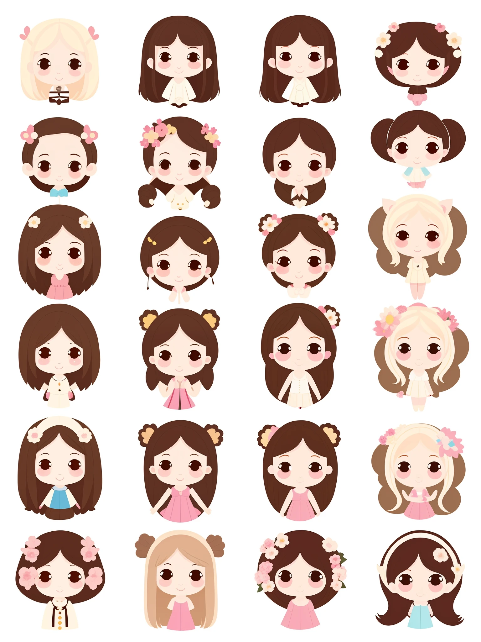 Cute stickers and handbook stickers background,two-dimensional illustrations, full-body portraits of girls,dopamine-coloured outfits, big eyes, smiling faces,high-cold beauty, animated gifts, aristocratic depictions, gentle and elegant,
ultra-high-definition images, full body, flower, white border