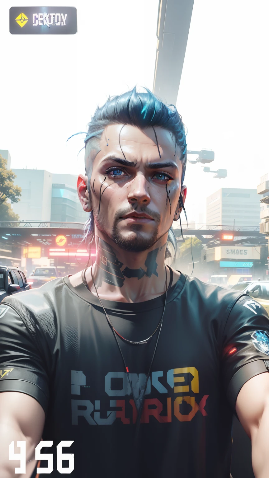 Background cyberpunk 2077, clothing robotic cyberpunk 2077, remove text from left bottom, flying car trains, background them dark with blue and red lighting, use 8K with best resolution